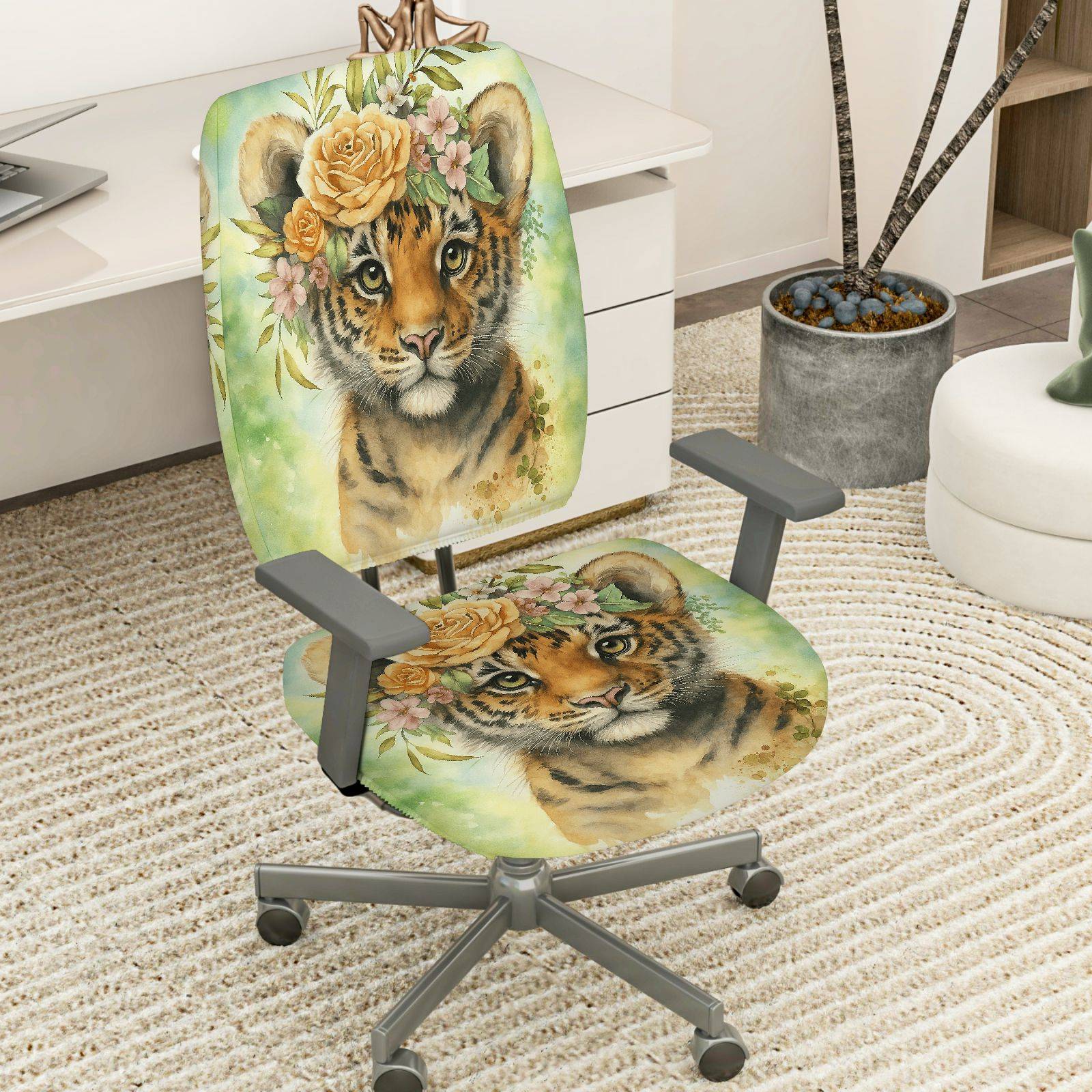 2-Piece Cute Floral Tiger Nature Art  Computer Chair Cover Set, Seat and Backrest