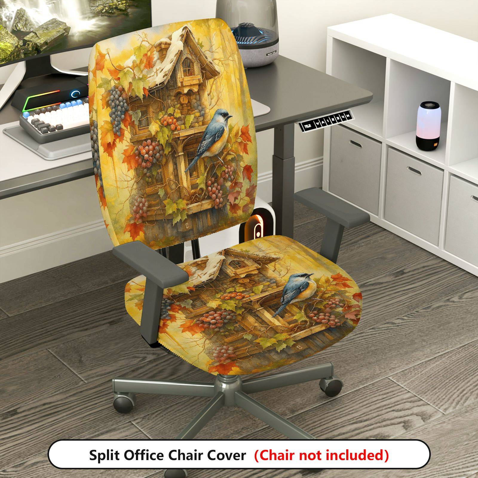 2-Piece Autumn Birdhouse Grapes Leaves Cozy Nature  Computer Chair Cover Set, Seat and Backrest