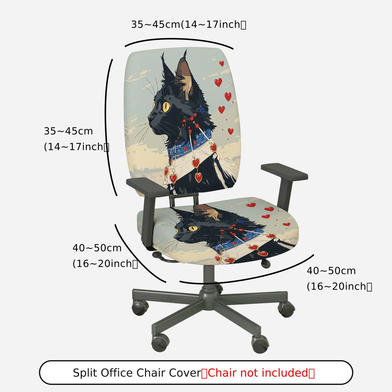 2-Piece Black Cat Heart Collar Cute Decorative  Computer Chair Cover Set, Seat and Backrest