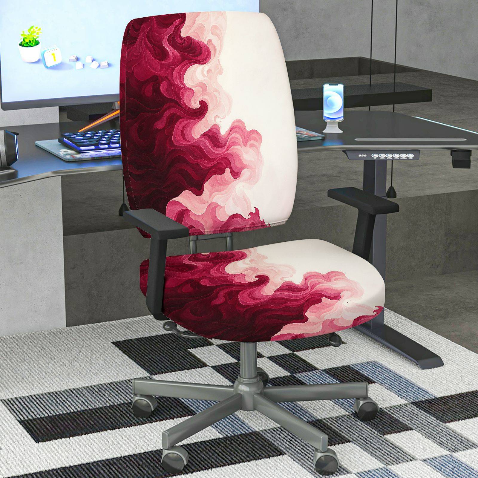2-Piece Abstract Swirl Marble Red Modern  Computer Chair Cover Set, Seat and Backrest