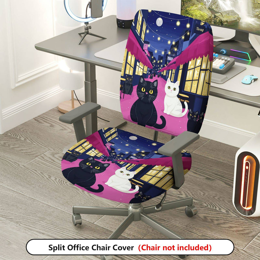 2-Piece Cat Night Street Black White Moonlight  Computer Chair Cover Set, Seat and Backrest
