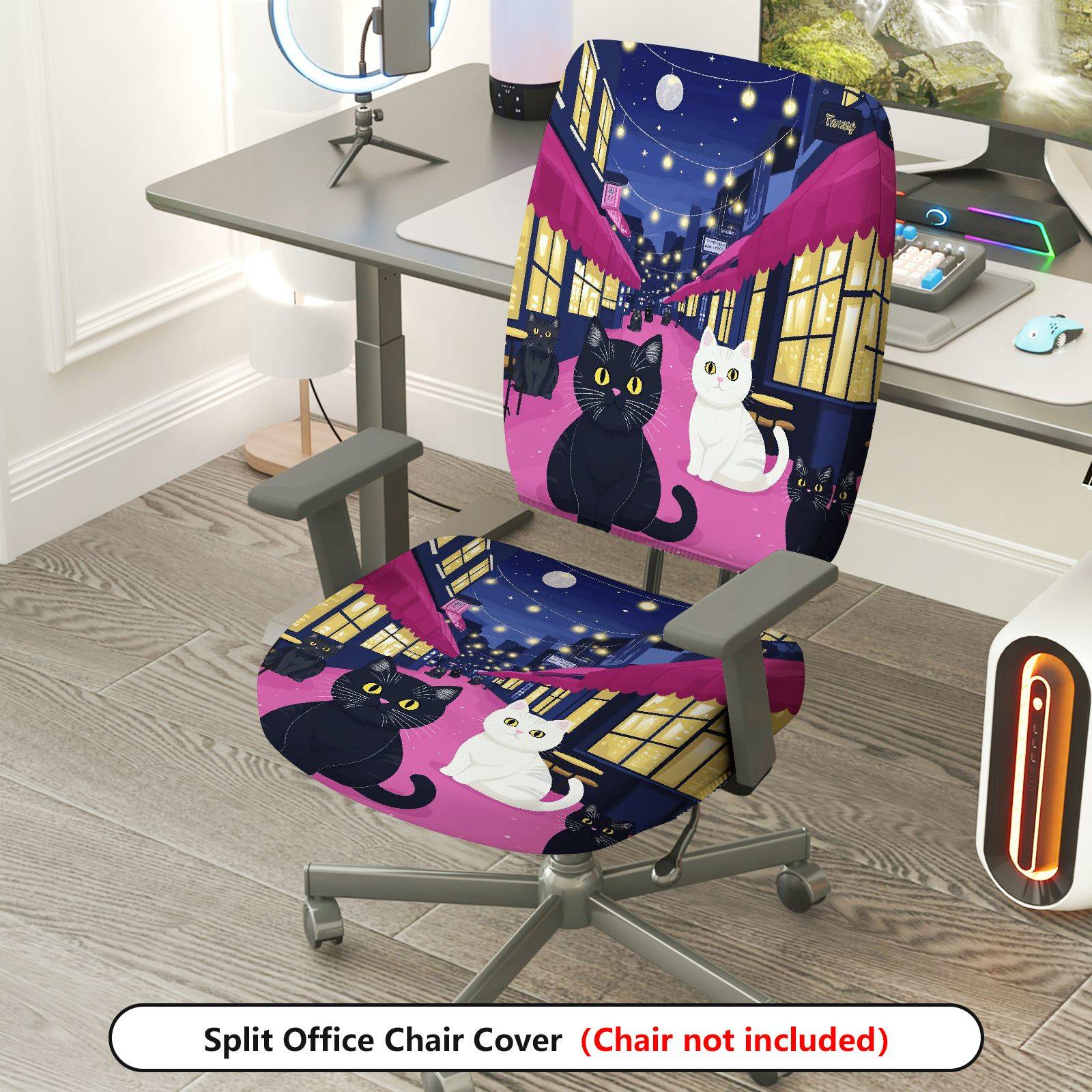 2-Piece Cat Night Street Black White Moonlight  Computer Chair Cover Set, Seat and Backrest