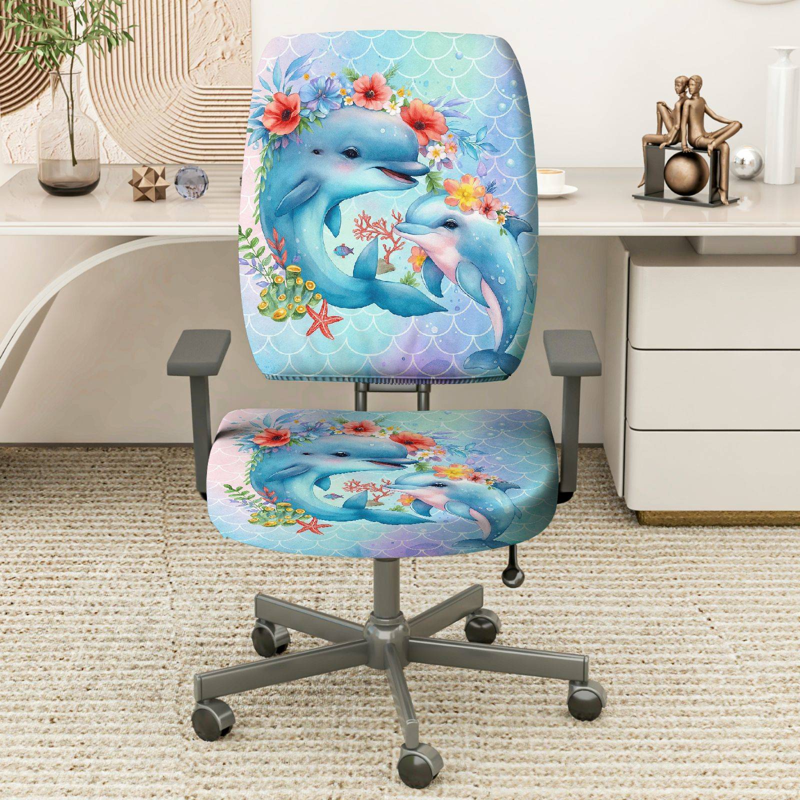 2-Piece Dolphin Ocean Flowers Animal  Computer Chair Cover Set, Seat and Backrest