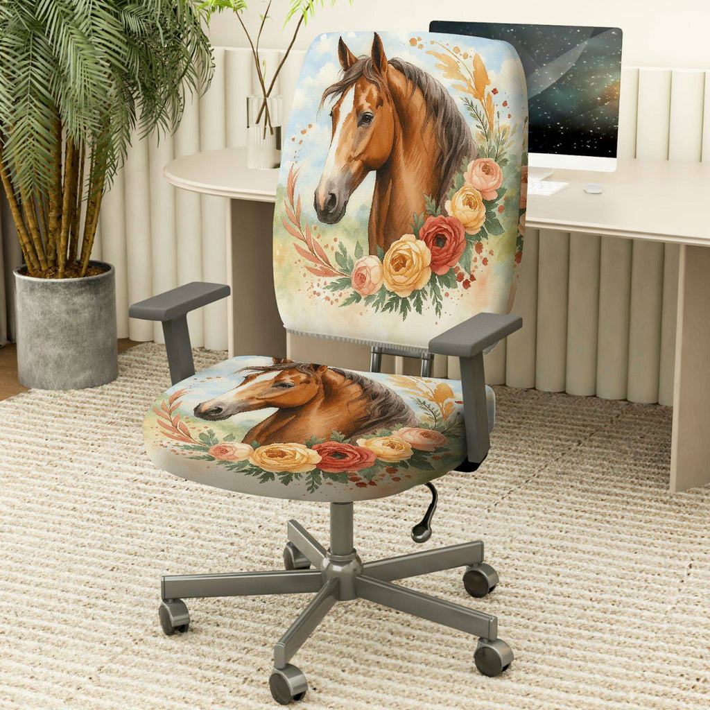 2-Piece Horse Floral Artistic Nature Colored Decoration  Computer Chair Cover Set, Seat and Backrest