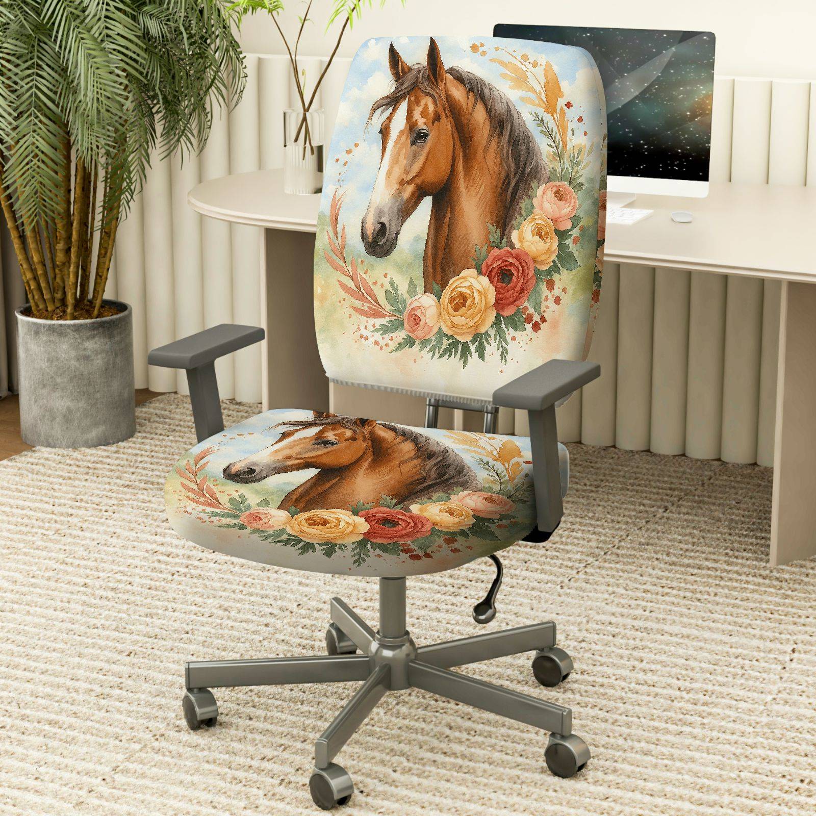 2-Piece Horse Floral Artistic Nature Colored Decoration  Computer Chair Cover Set, Seat and Backrest