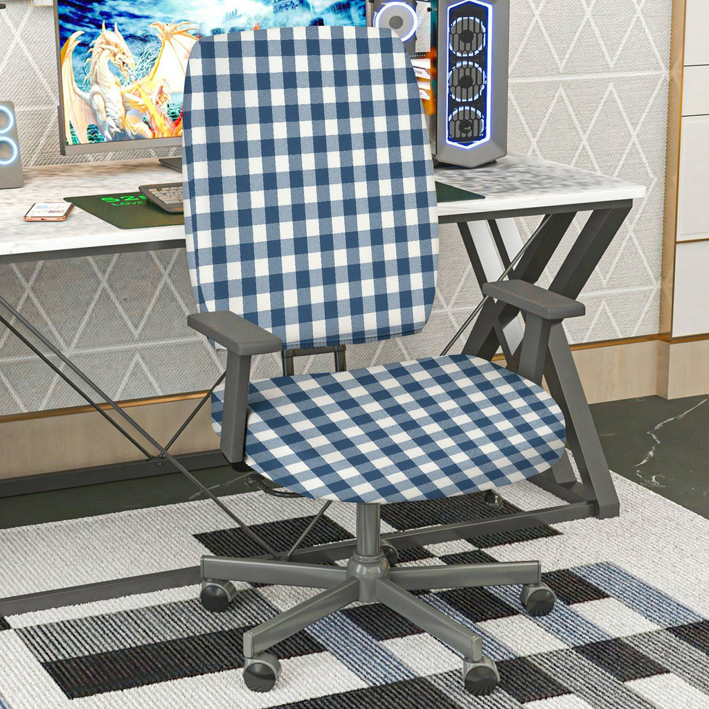 2-Piece Blue Checkered Pattern Stretch  Computer Chair Cover Set, Seat and Backrest