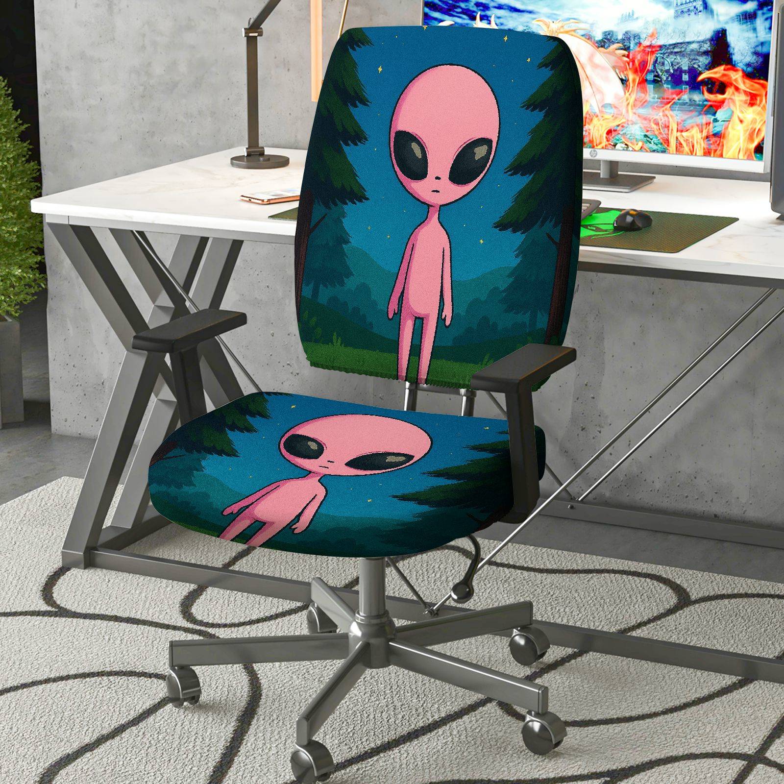2-Piece Alien Forest Galaxy Starry Night Pink  Computer Chair Cover Set, Seat and Backrest
