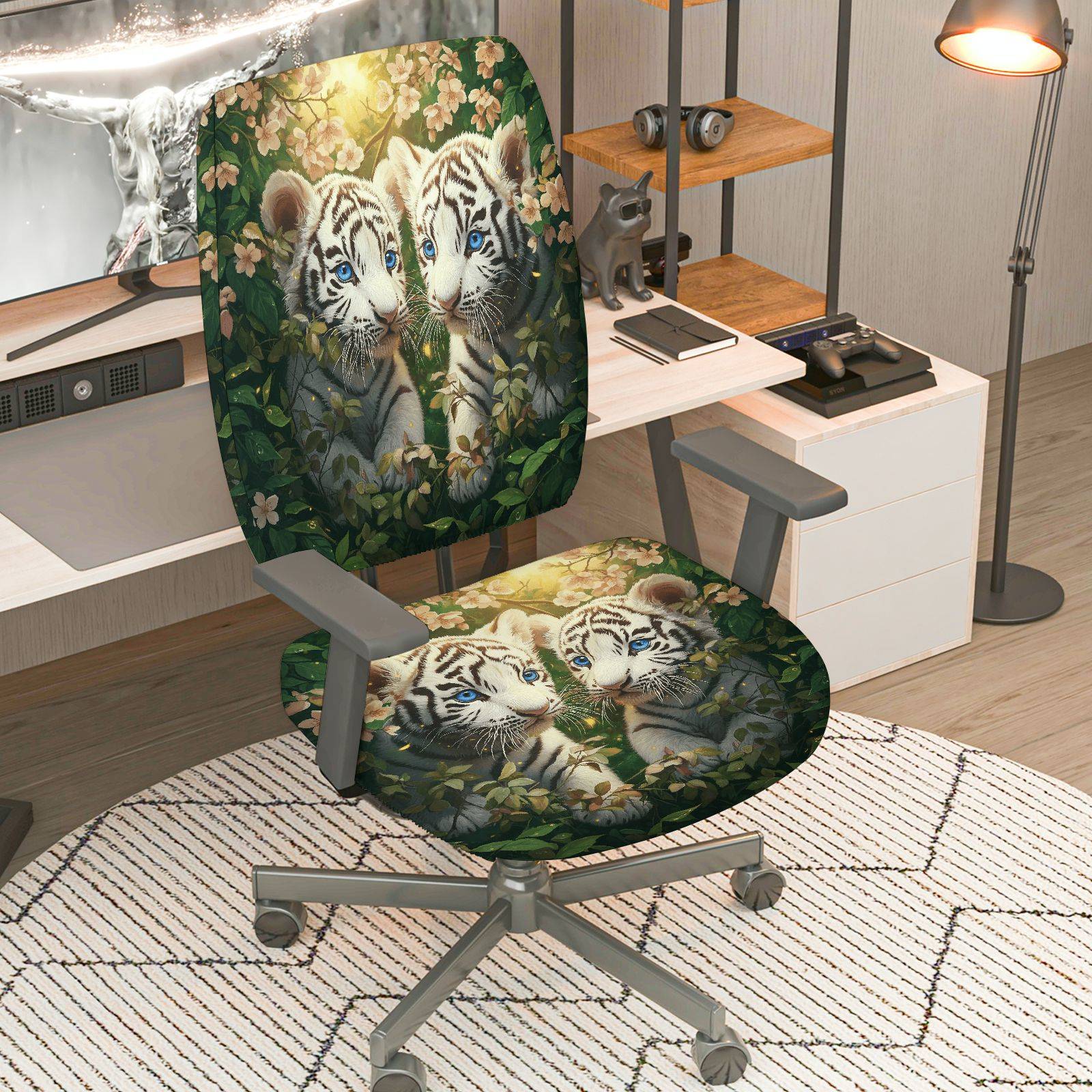 2-Piece Cute Animal Floral Nature Art Tiger  Computer Chair Cover Set, Seat and Backrest