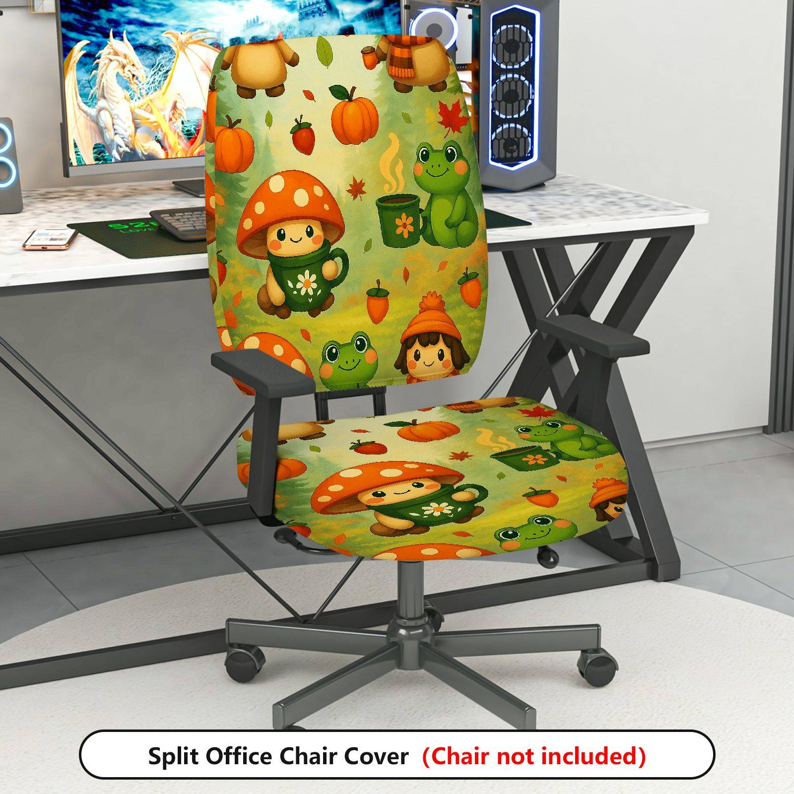 2-Piece Autumn Mushroom Frog Pumpkin Cute  Computer Chair Cover Set, Seat and Backrest