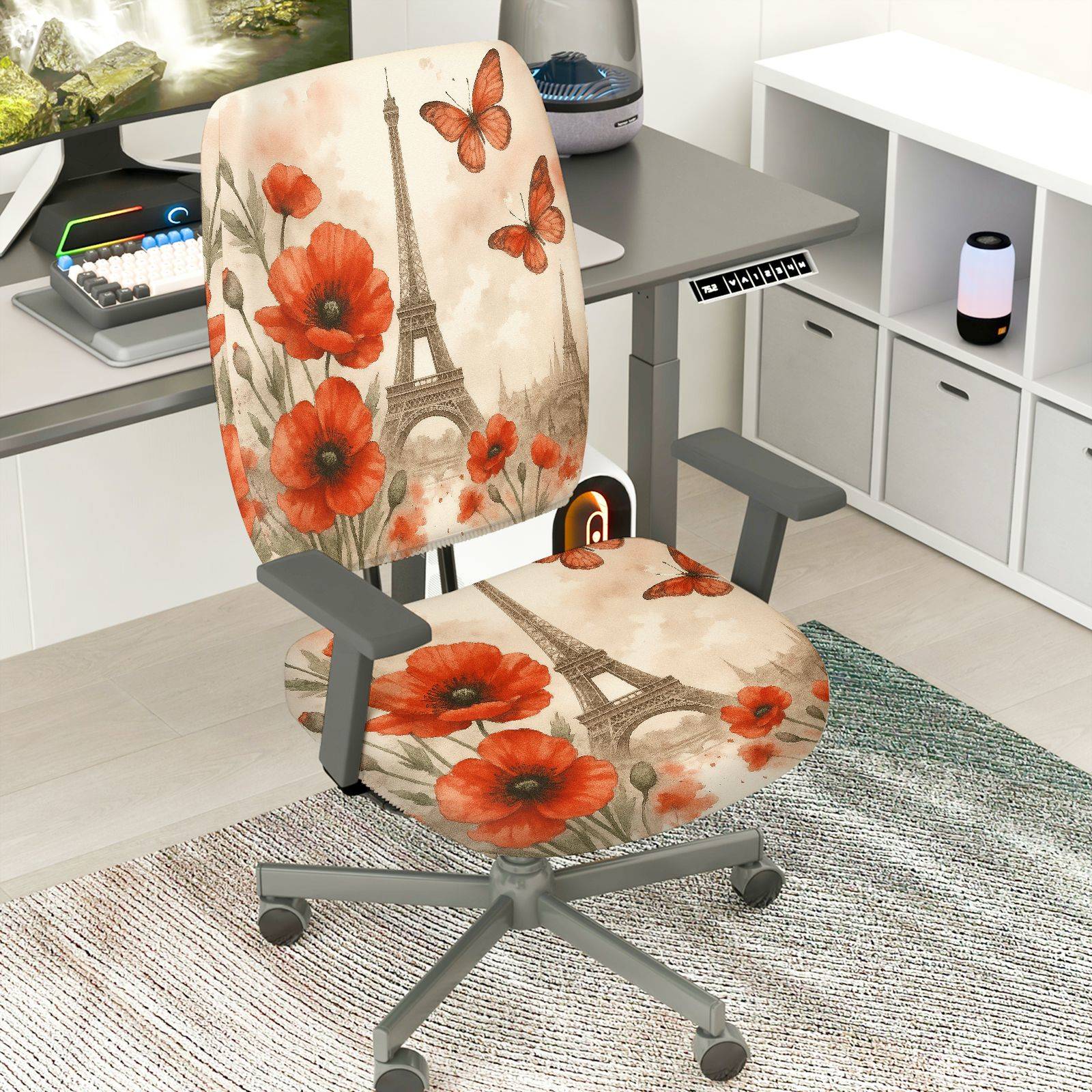 2-Piece Eiffel Tower Butterfly Flower Pattern  Computer Chair Cover Set, Seat and Backrest