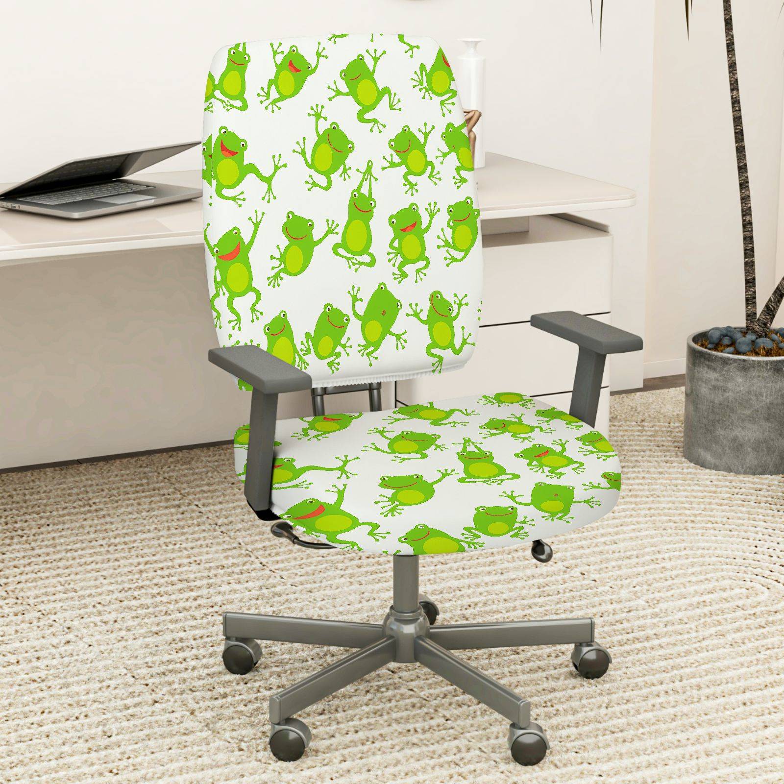 2-Piece Frog Green Animal Funny  Computer Chair Cover Set, Seat and Backrest