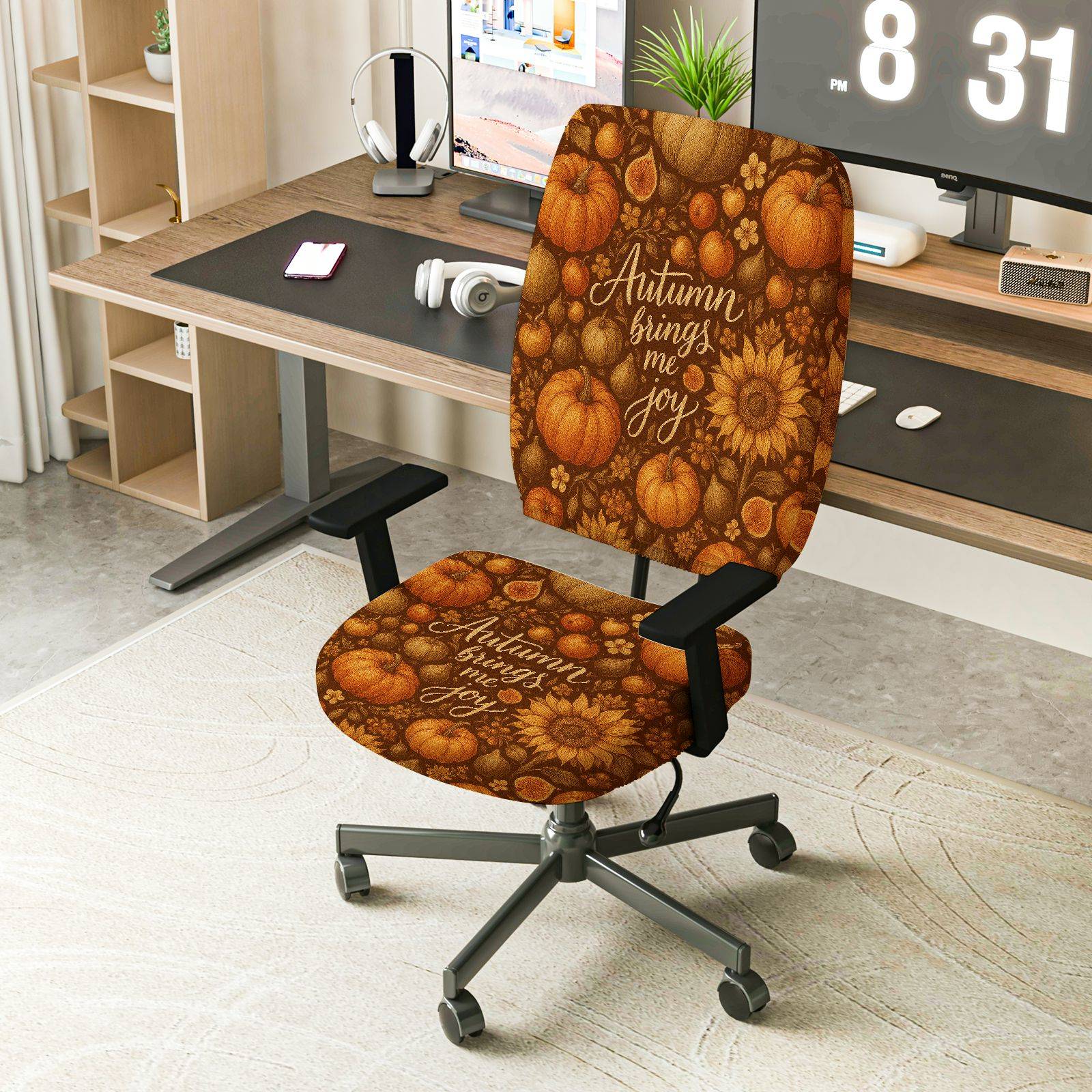 2-Piece Autumn Pumpkin Sunflower Cozy Thanksgiving Festival  Computer Chair Cover Set, Seat and Backrest