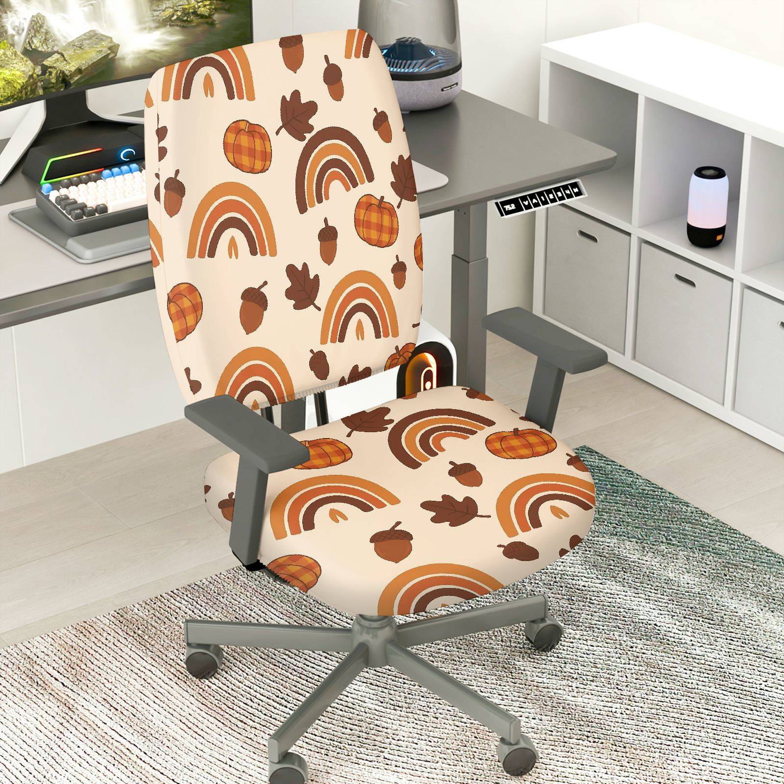 2-Piece Autumn Pumpkin Acorn Rainbow Leaves Thanksgiving  Computer Chair Cover Set, Seat and Backrest