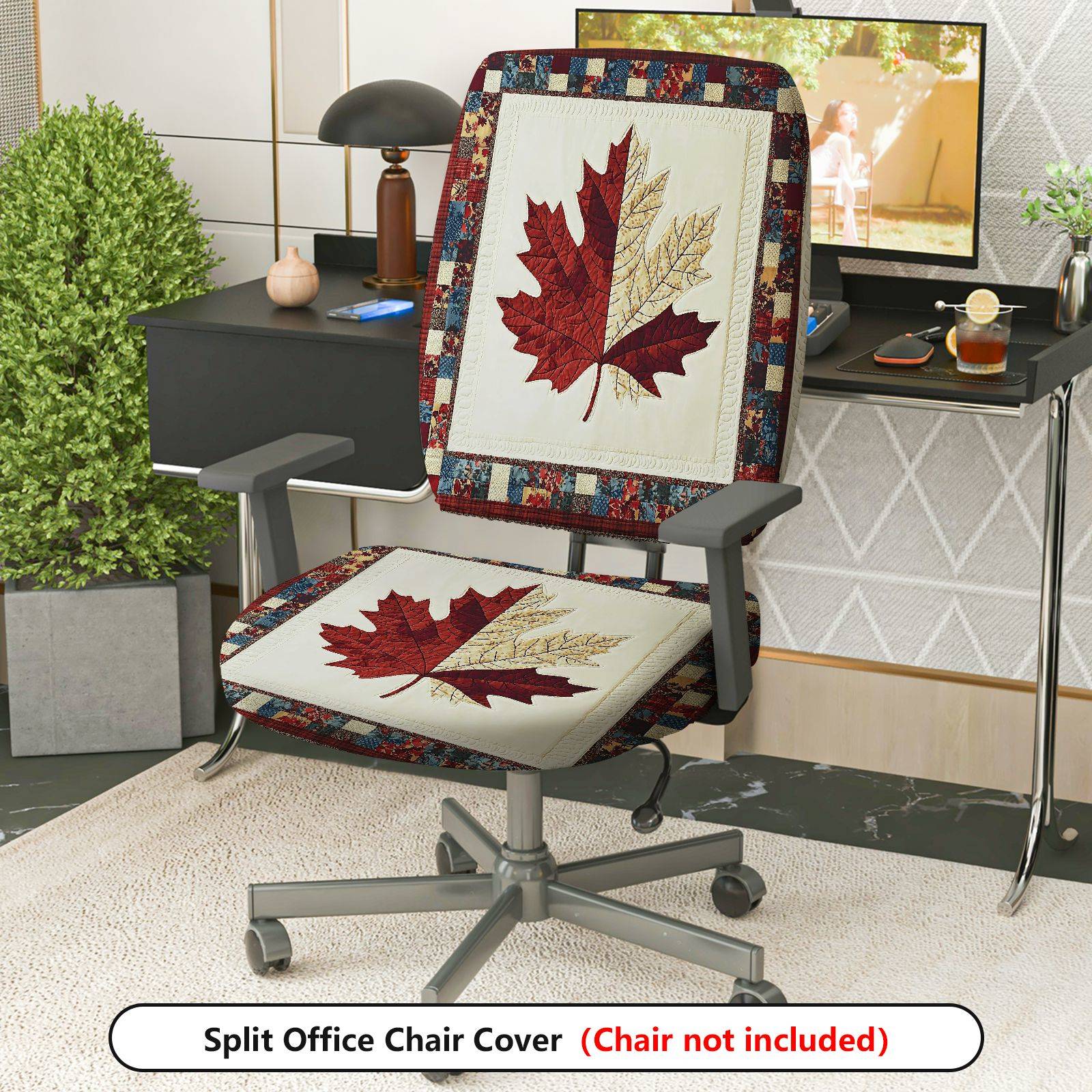 2-Piece Autumn Fall Maple Leaf Patchwork  Computer Chair Cover Set, Seat and Backrest