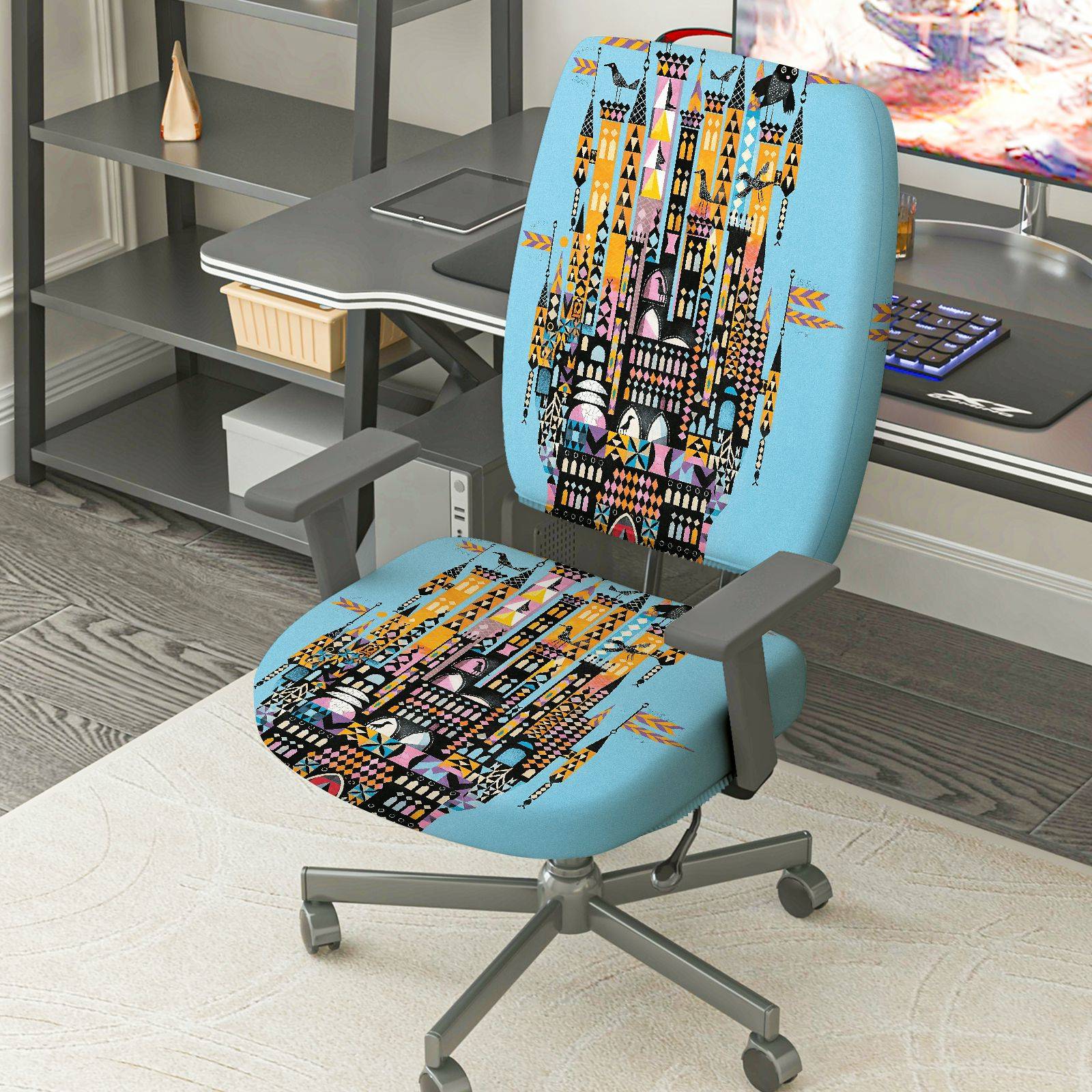 2-Piece Colorful Geometric City Night Skyline Pattern  Computer Chair Cover Set, Seat and Backrest