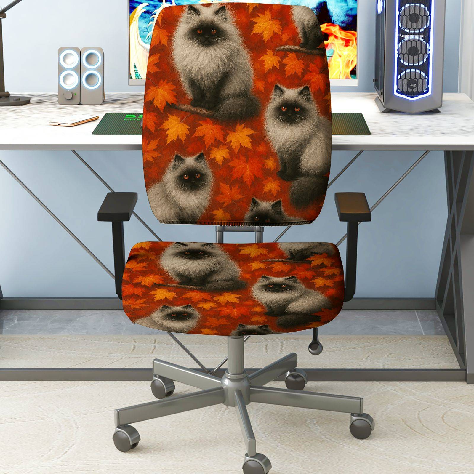 2-Piece Autumn Cats Leaves Pattern  Computer Chair Cover Set, Seat and Backrest