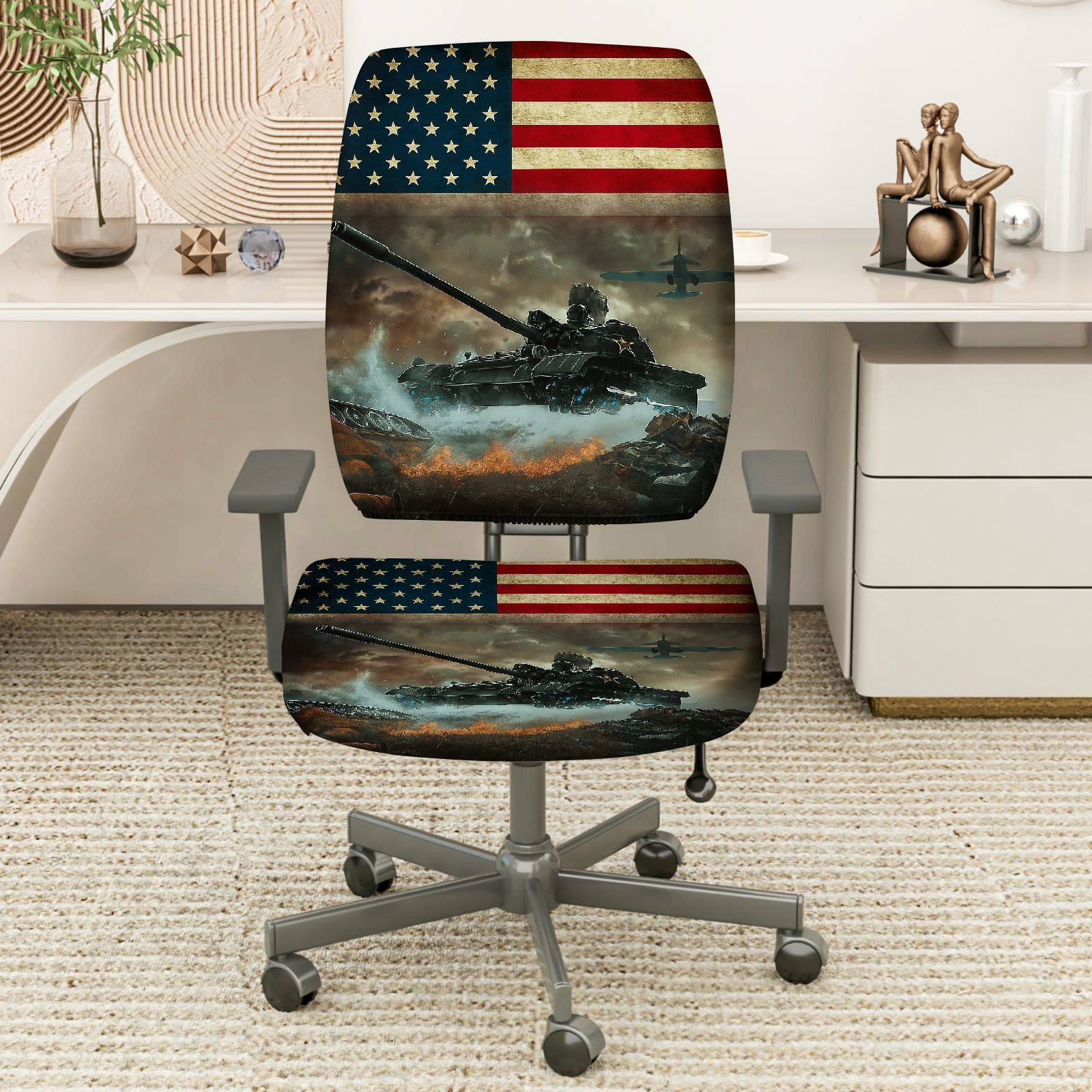 2-Piece American Flag Army Tank Battle Airplane  Computer Chair Cover Set, Seat and Backrest