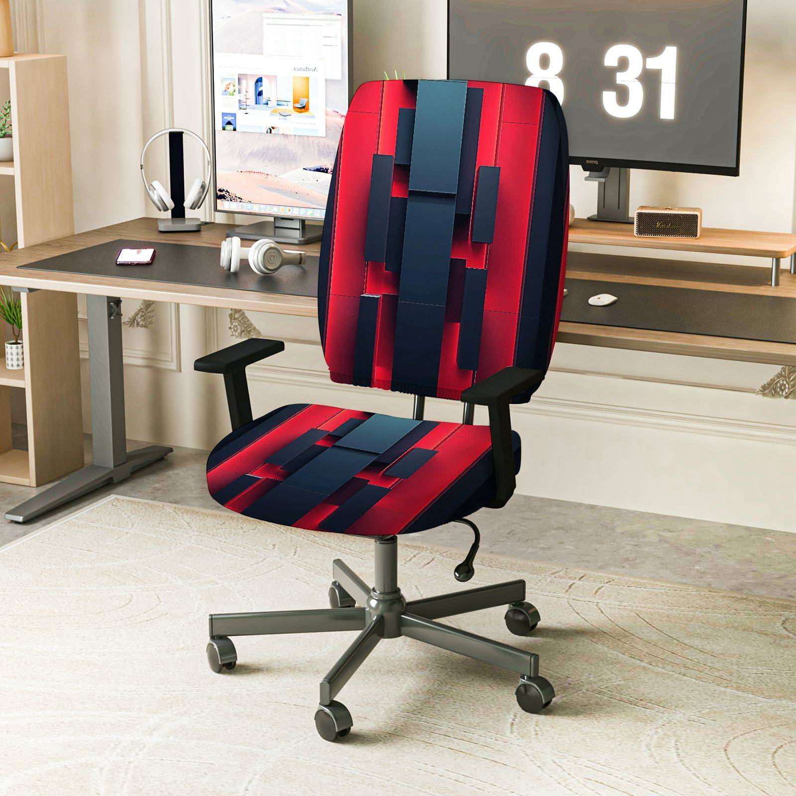 2-Piece Modern Geometric Red Black Stylish  Computer Chair Cover Set, Seat and Backrest