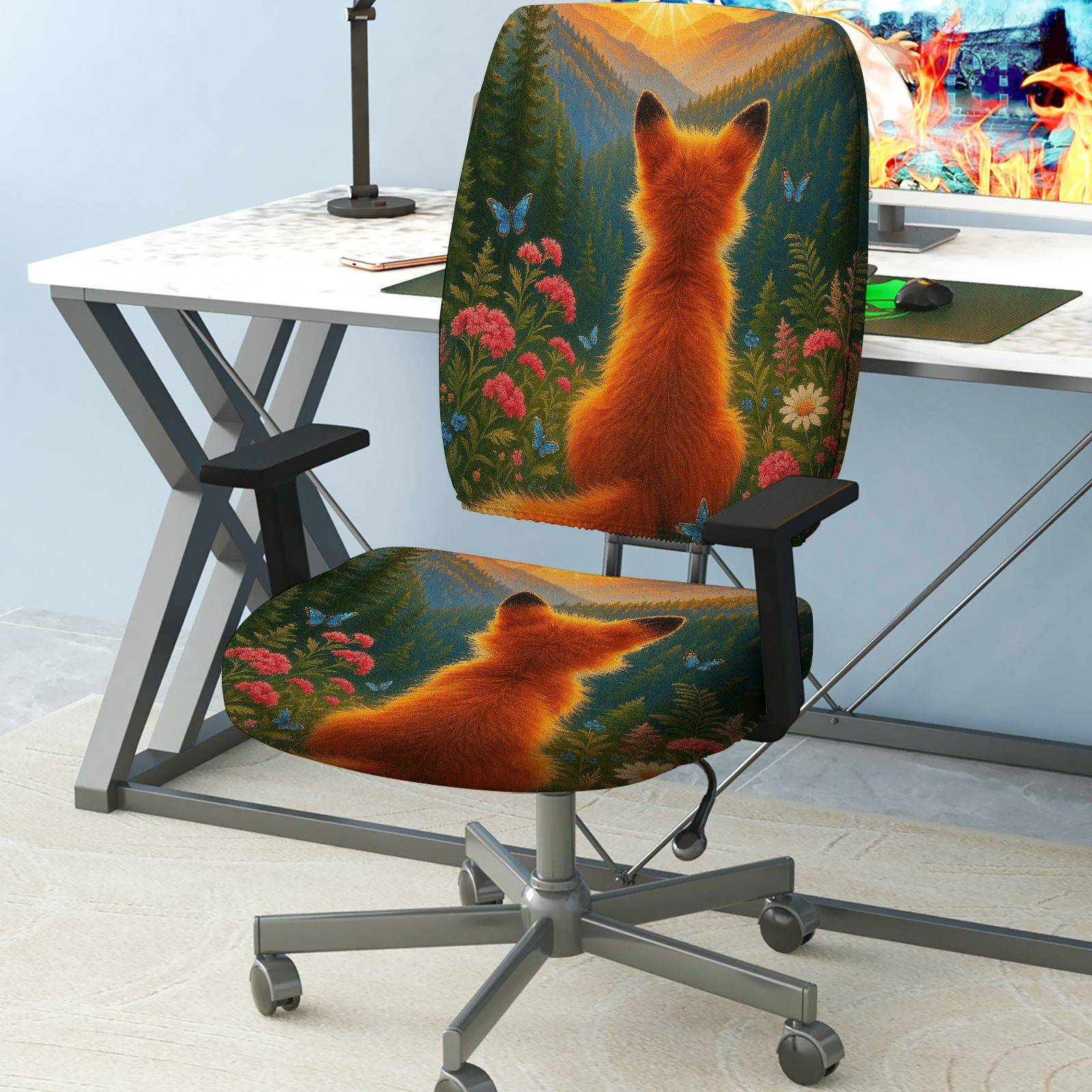 2-Piece Animal Forest Fox Nature Scenic Art  Computer Chair Cover Set, Seat and Backrest