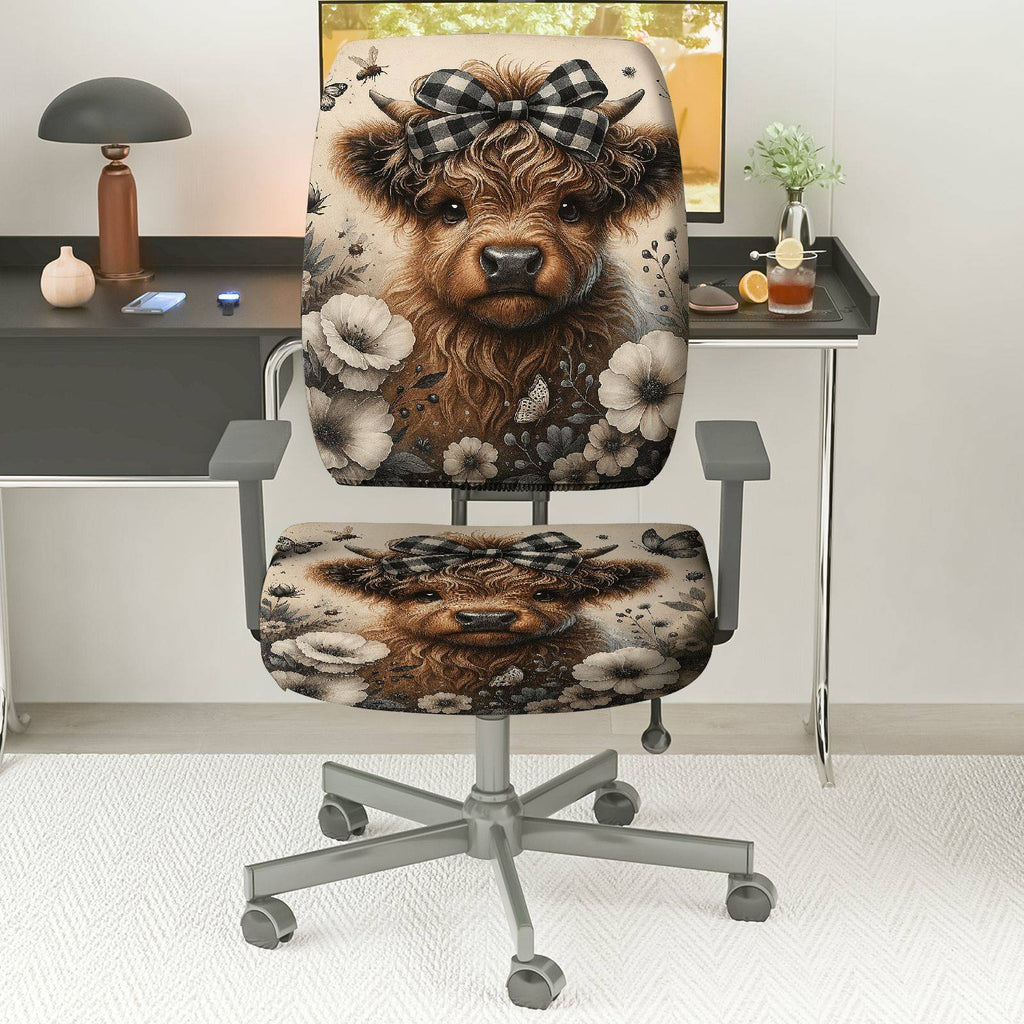 2-Piece Cute Animal Floral Bow Playful Holiday  Computer Chair Cover Set, Seat and Backrest