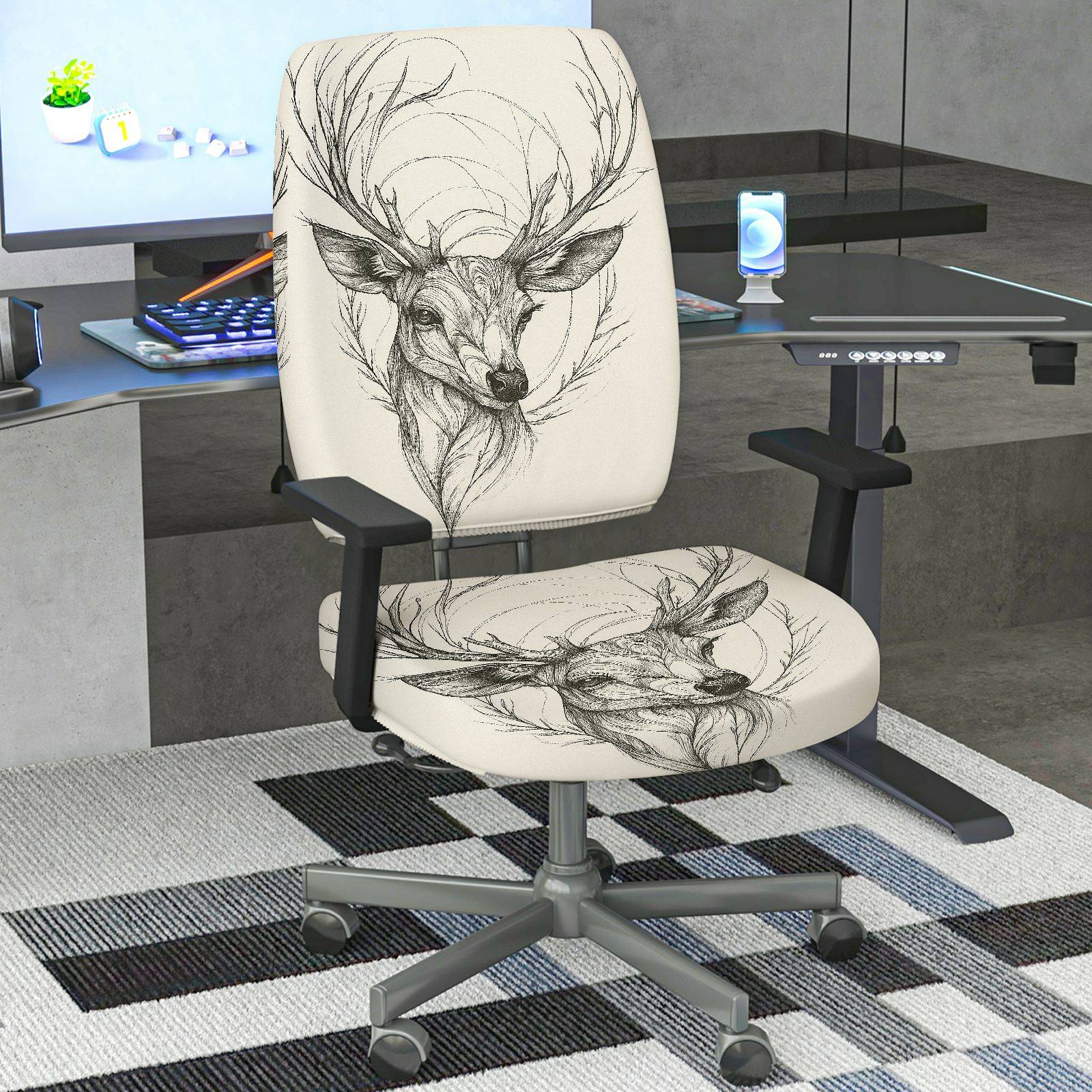 2-Piece Animal Deer Sketch Art Unique Printed  Computer Chair Cover Set, Seat and Backrest