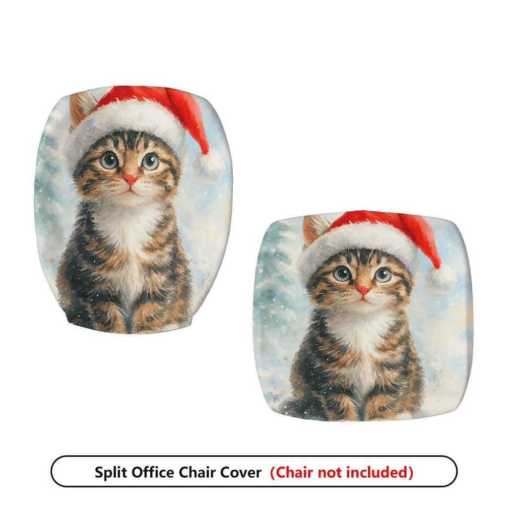 2-Piece Christmas Santa Claus Cat Snow Winter  Computer Chair Cover Set, Seat and Backrest