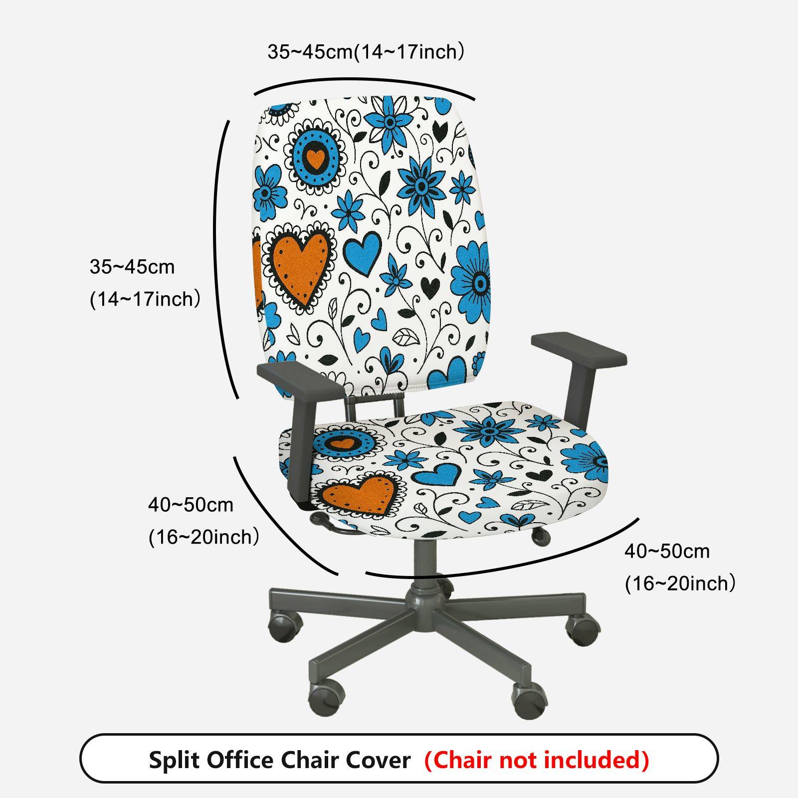 2-Piece Heart Floral Blue Black  Computer Chair Cover Set, Seat and Backrest