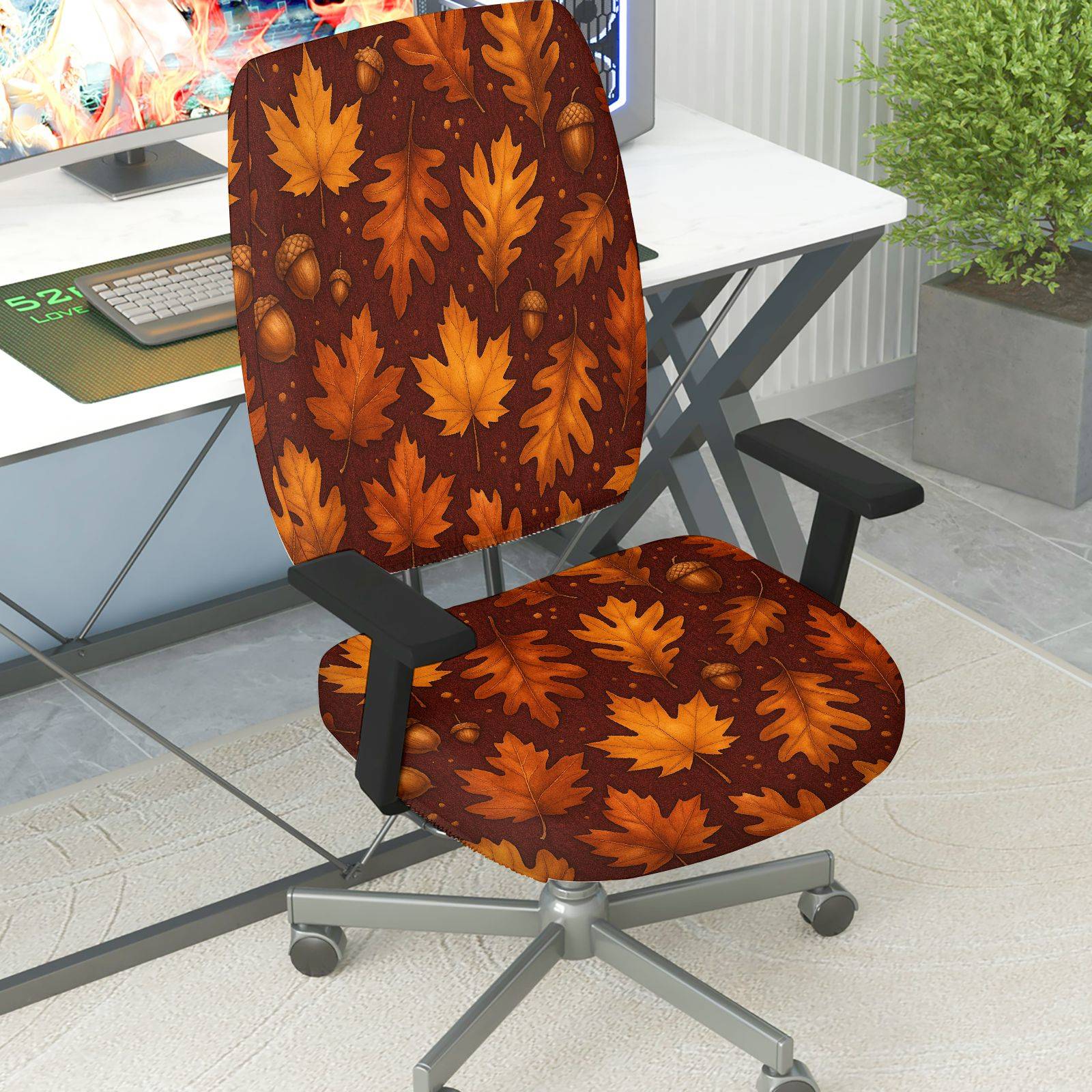 2-Piece Autumn Maple Leaf Acorn Pattern Decorative  Computer Chair Cover Set, Seat and Backrest