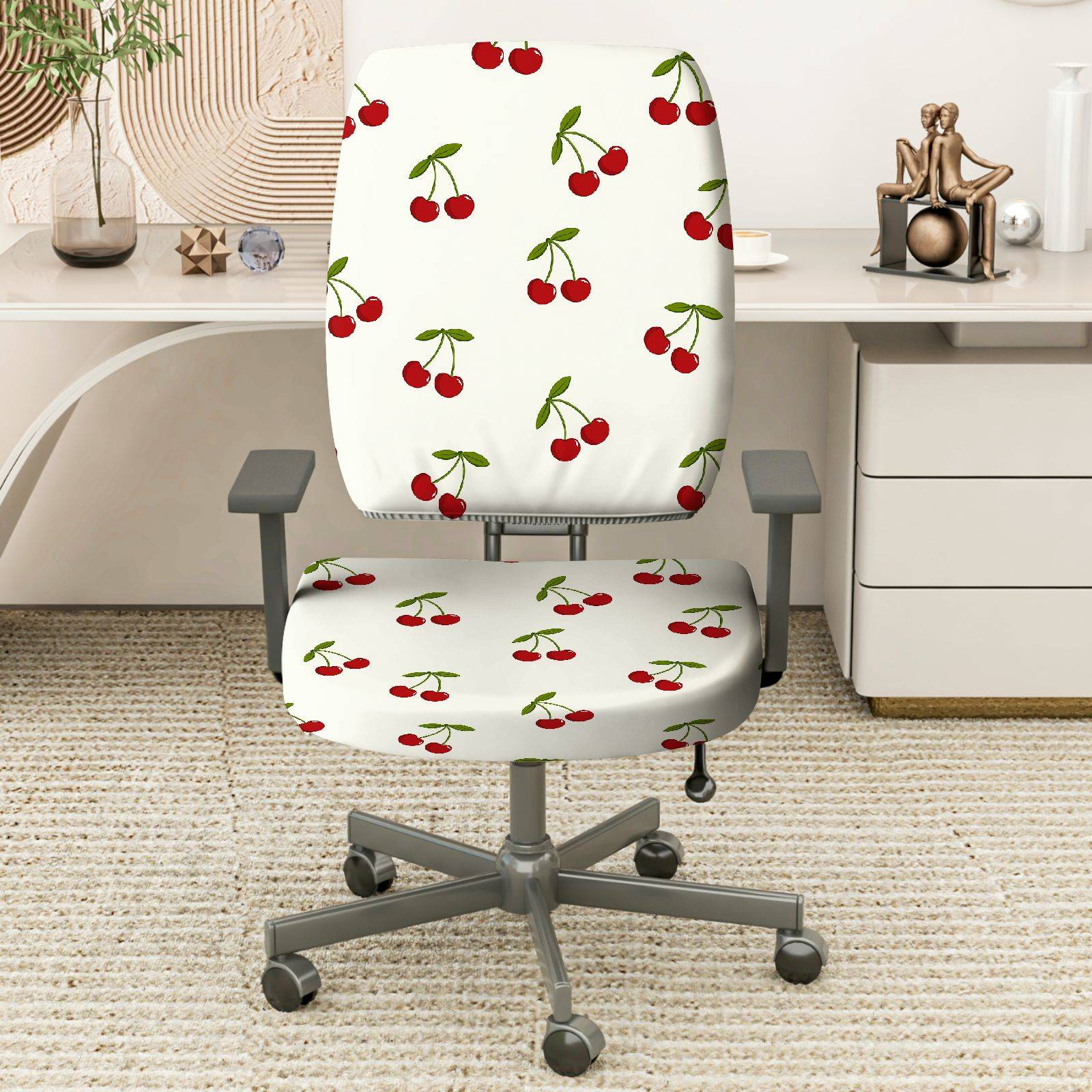 2-Piece Cherry Pattern Red Green White  Computer Chair Cover Set, Seat and Backrest