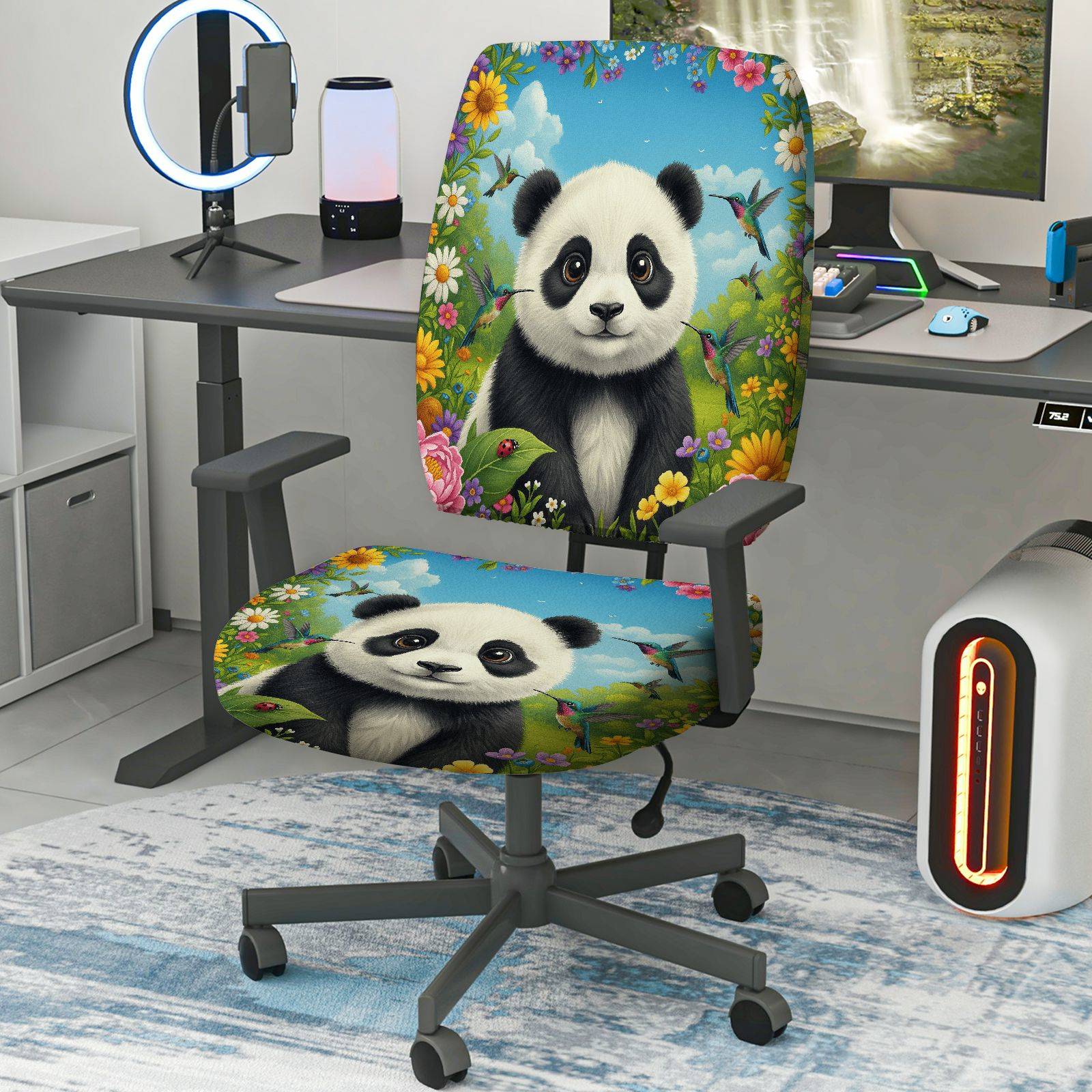 2-Piece Panda Floral Nature Animal Spring  Computer Chair Cover Set, Seat and Backrest