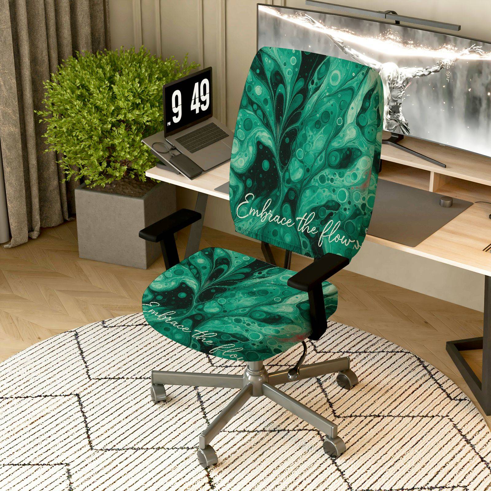2-Piece Abstract Deep Green Artistic Inspirational Modern  Computer Chair Cover Set, Seat and Backrest
