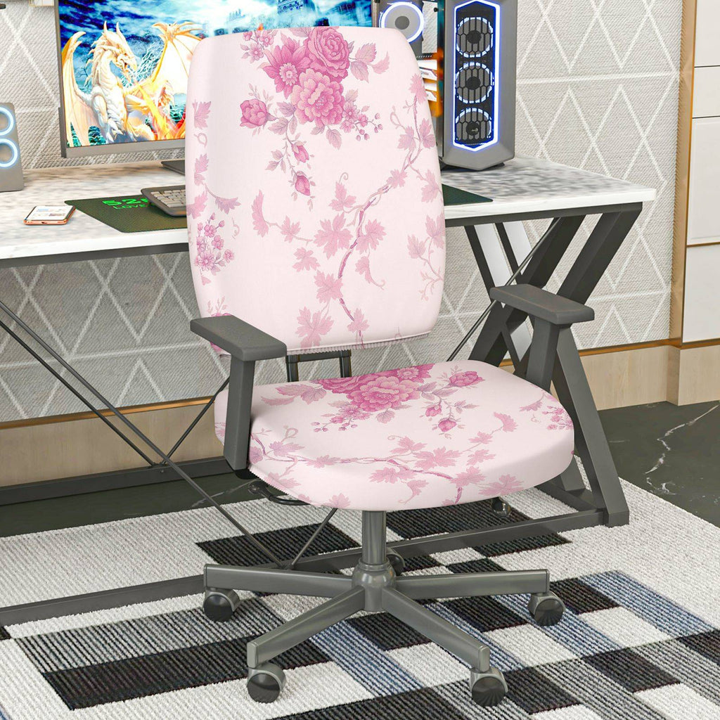 2-Piece Floral Pink Leaf Flower Pattern  Computer Chair Cover Set, Seat and Backrest