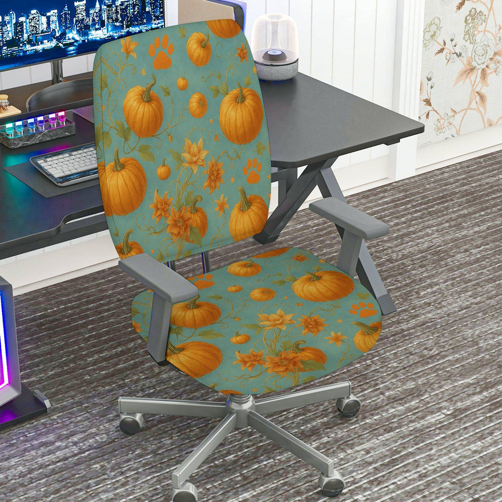 2-Piece Autumn Pumpkin Leaves Festive Decorative  Computer Chair Cover Set, Seat and Backrest