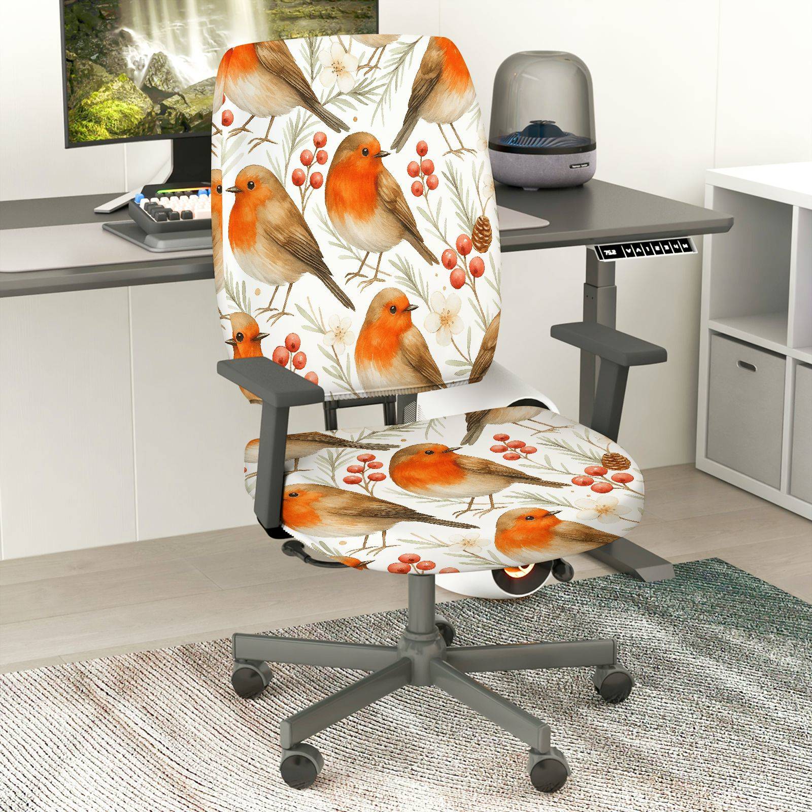 2-Piece Christmas Robin Bird Berry Tree Flower  Computer Chair Cover Set, Seat and Backrest