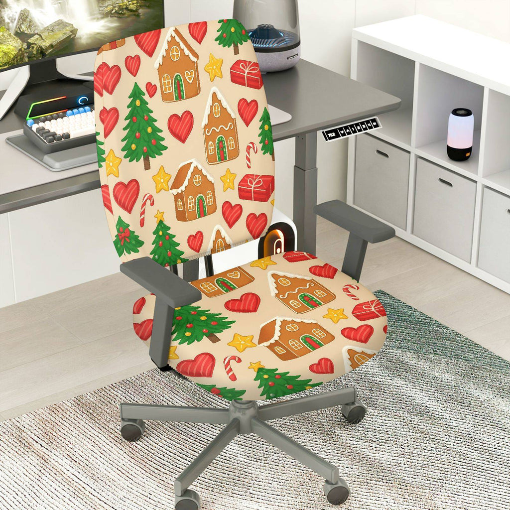 2-Piece Christmas Gingerbread House Candy Cane Tree Holiday  Computer Chair Cover Set, Seat and Backrest