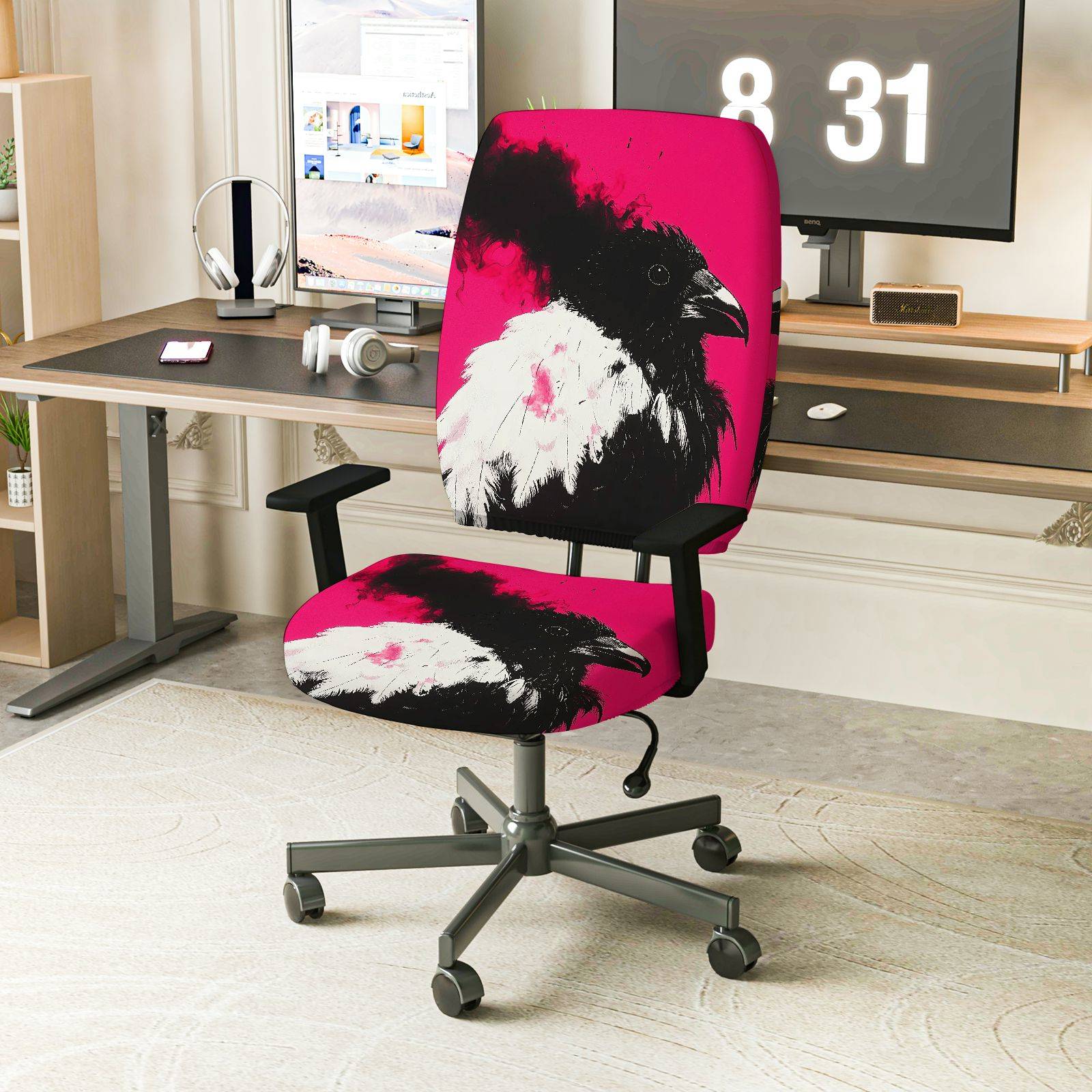 2-Piece Artistic Raven Gothic Dark Bird Pink  Computer Chair Cover Set, Seat and Backrest
