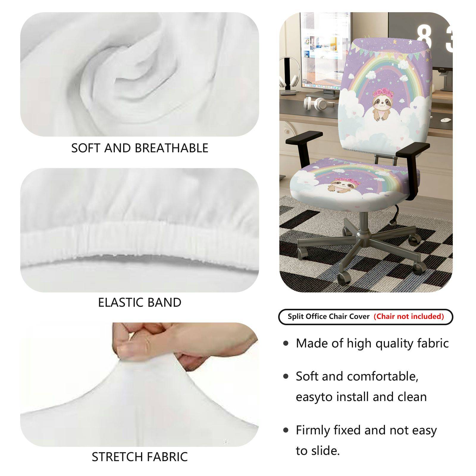 2-Piece Adorable Sloth Rainbow Cloud Cute Dreamy  Computer Chair Cover Set, Seat and Backrest