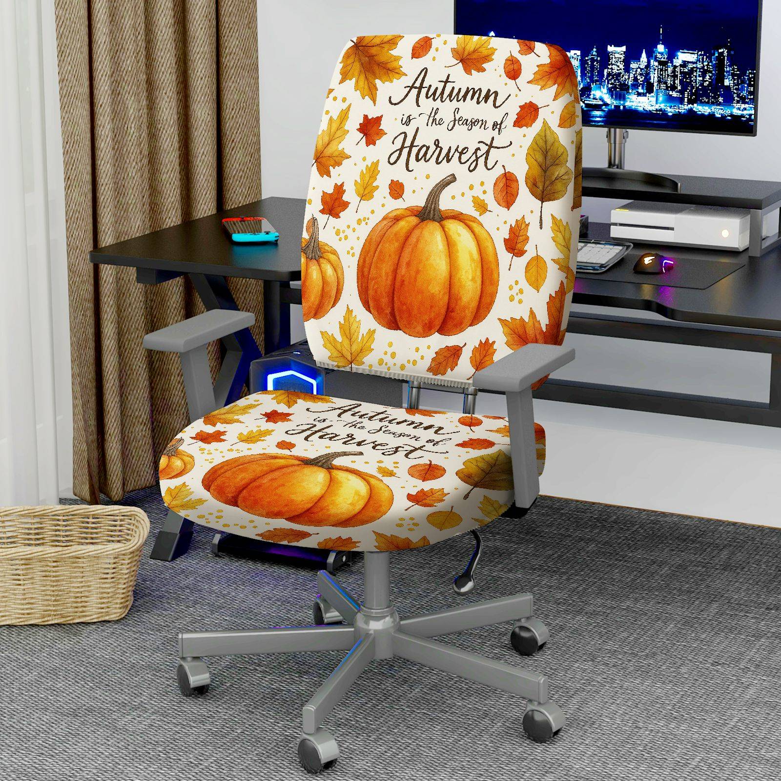 2-Piece Autumn Harvest Pumpkin Leaves Thanksgiving  Computer Chair Cover Set, Seat and Backrest