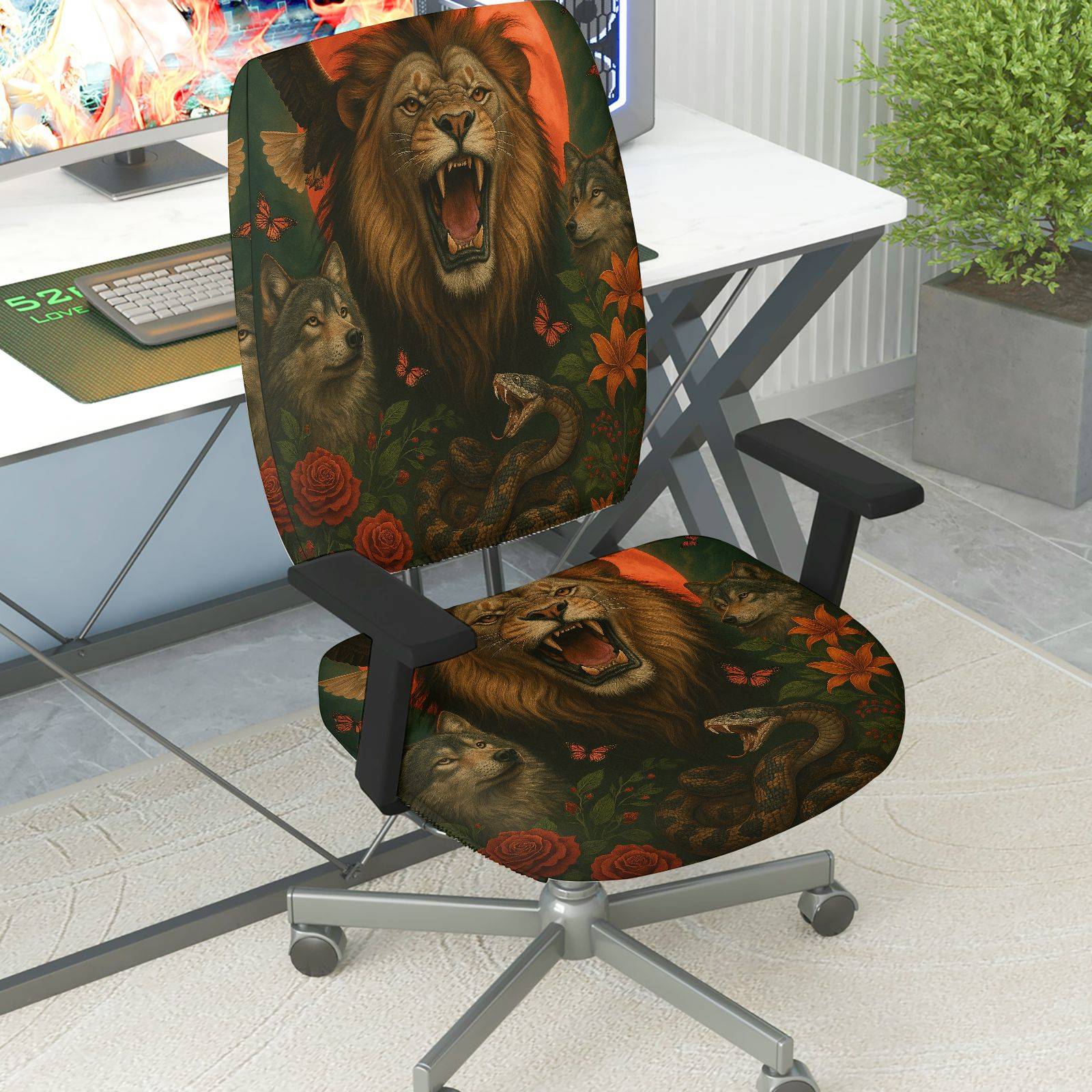 2-Piece Animal Lion Wolf Snake Butterfly Rose  Computer Chair Cover Set, Seat and Backrest