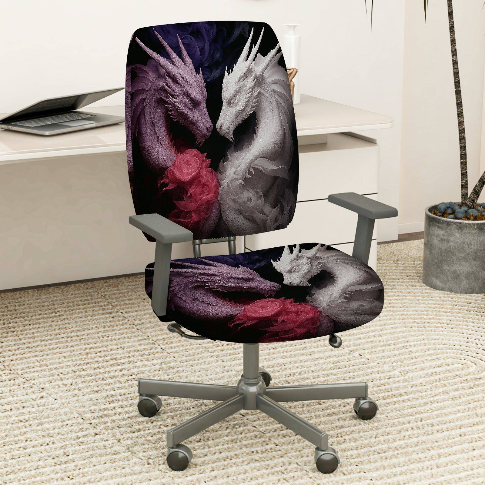 2-Piece Black White Red Dragon Floral Fantasy Art  Computer Chair Cover Set, Seat and Backrest