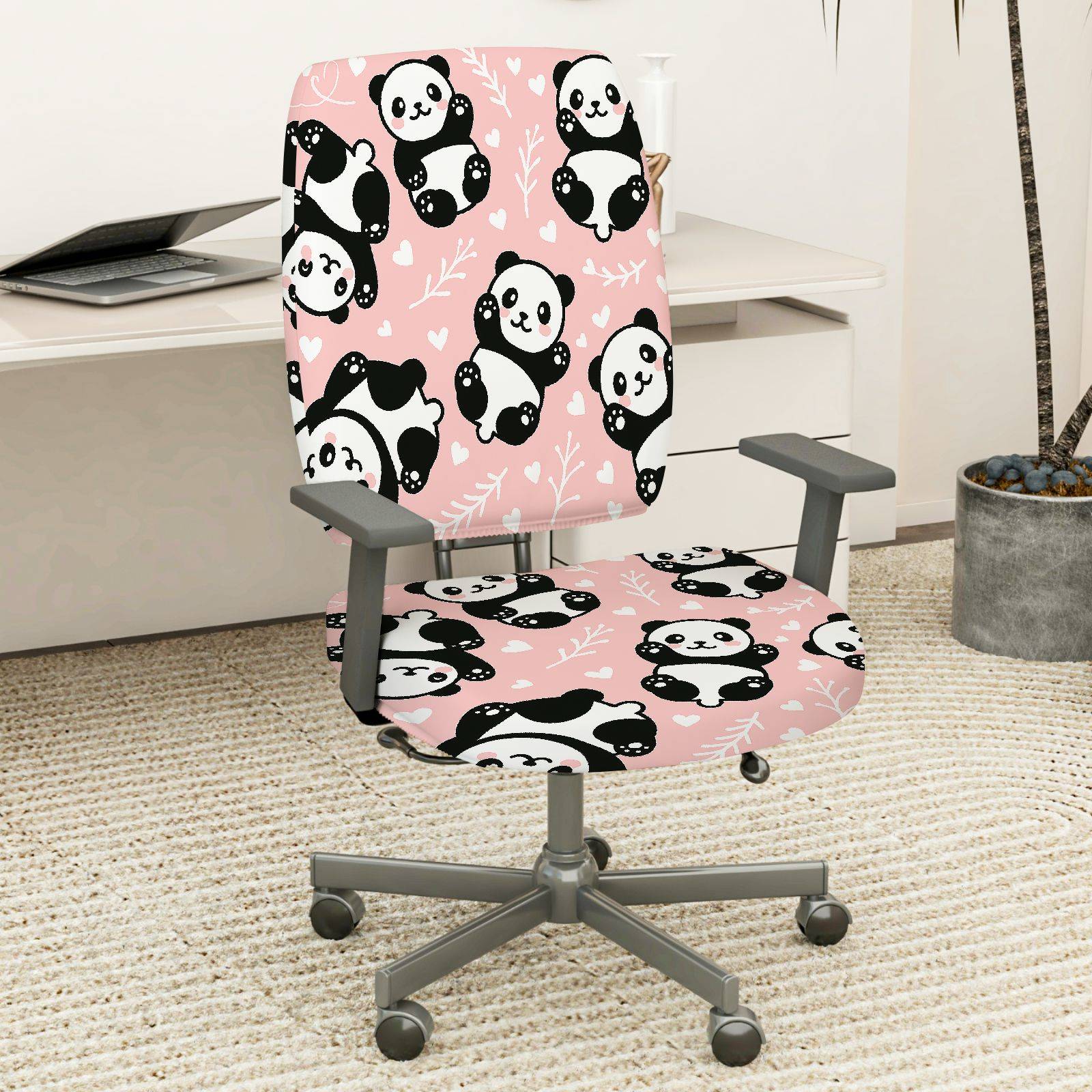 2-Piece Panda Cute Pink Animal Leaf  Computer Chair Cover Set, Seat and Backrest