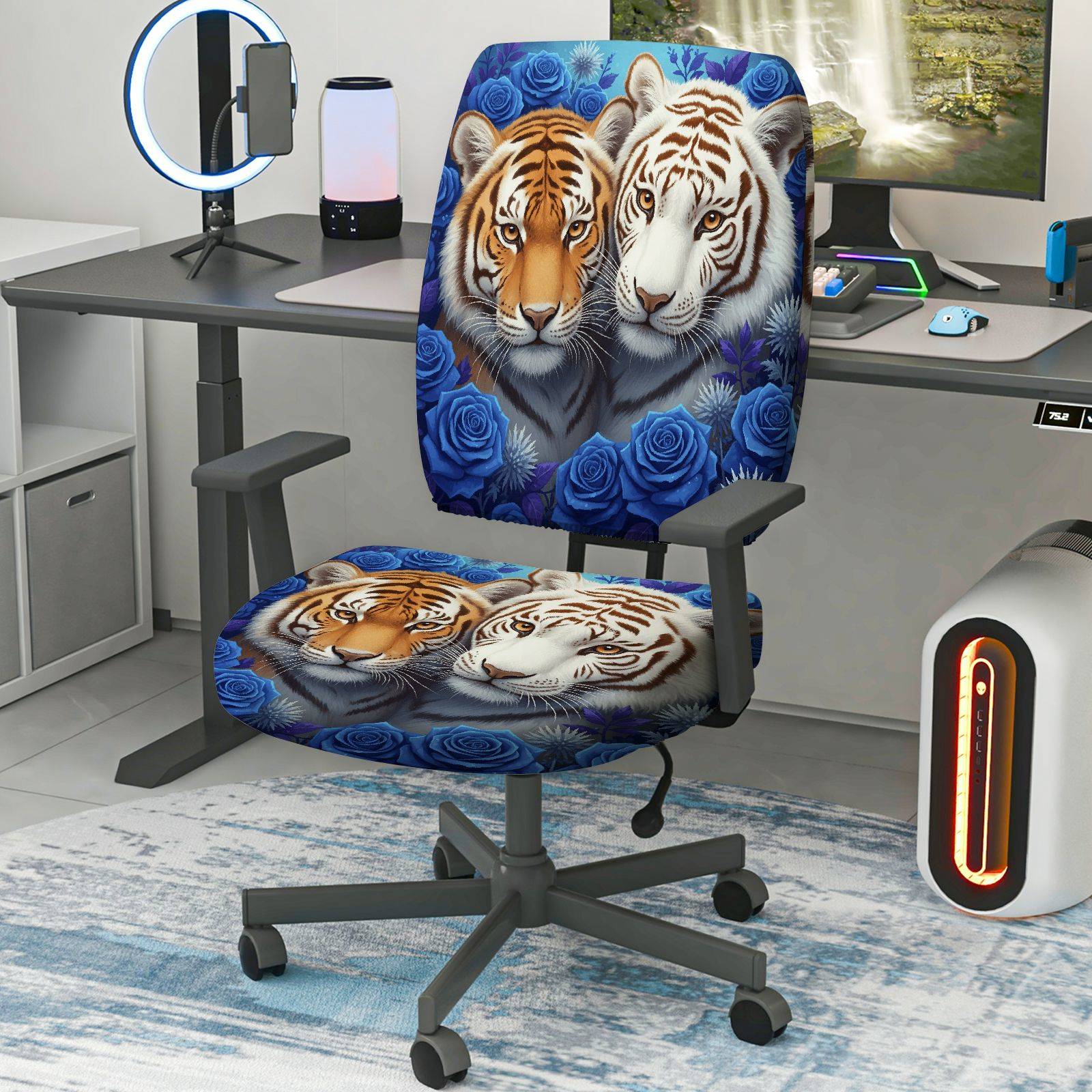 2-Piece Tiger Floral Animal Print Blue Roses  Computer Chair Cover Set, Seat and Backrest