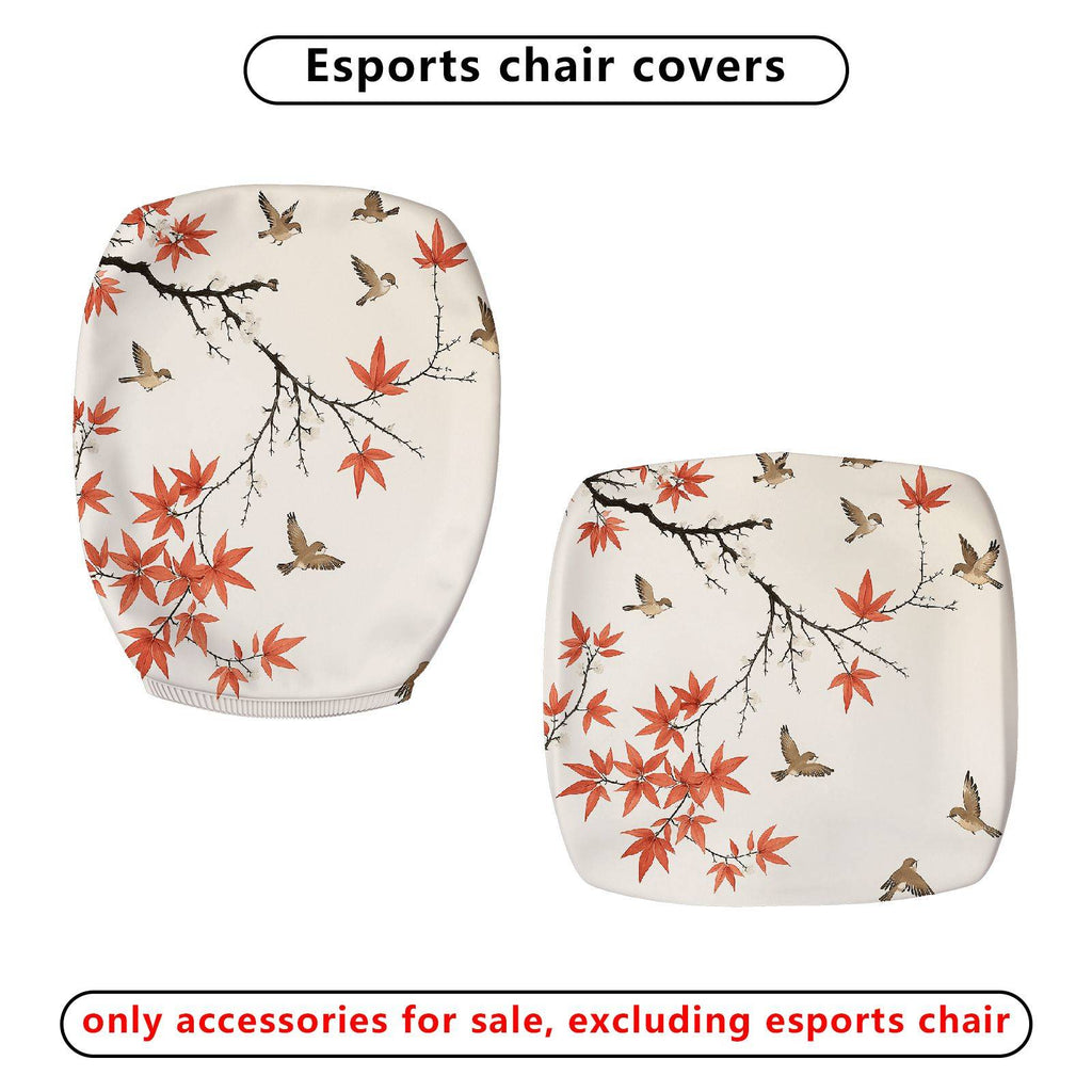 2-Piece Autumn Bird Maple Tree Decorative  Computer Chair Cover Set, Seat and Backrest