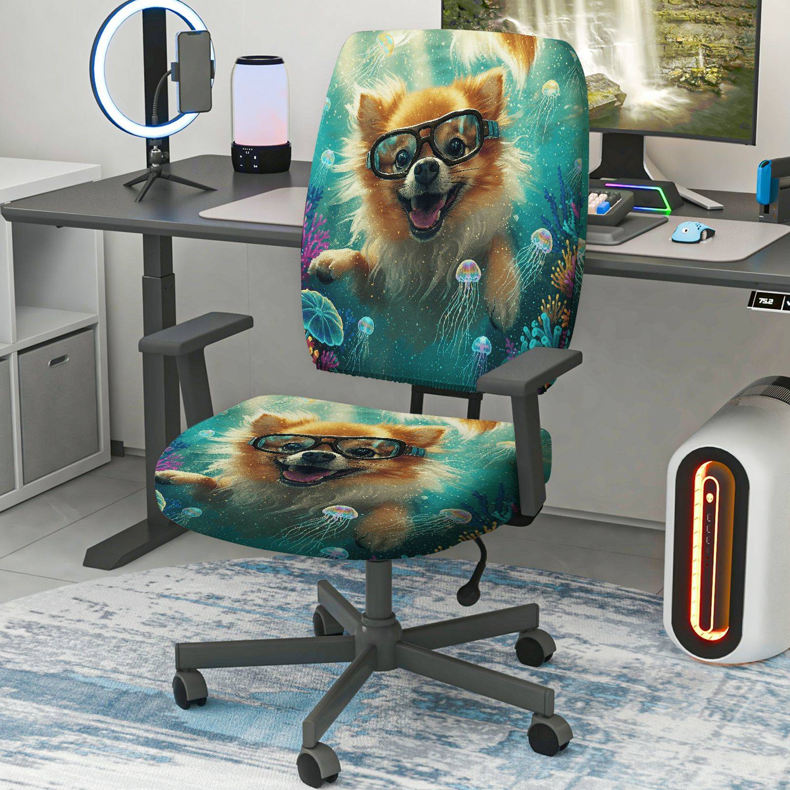 2-Piece Fun Ocean Animal Dog Glasses  Computer Chair Cover Set, Seat and Backrest