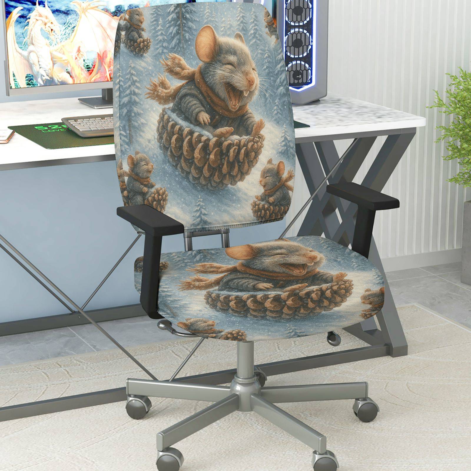 2-Piece Animal Winter Festive Decorative Cozy  Computer Chair Cover Set, Seat and Backrest