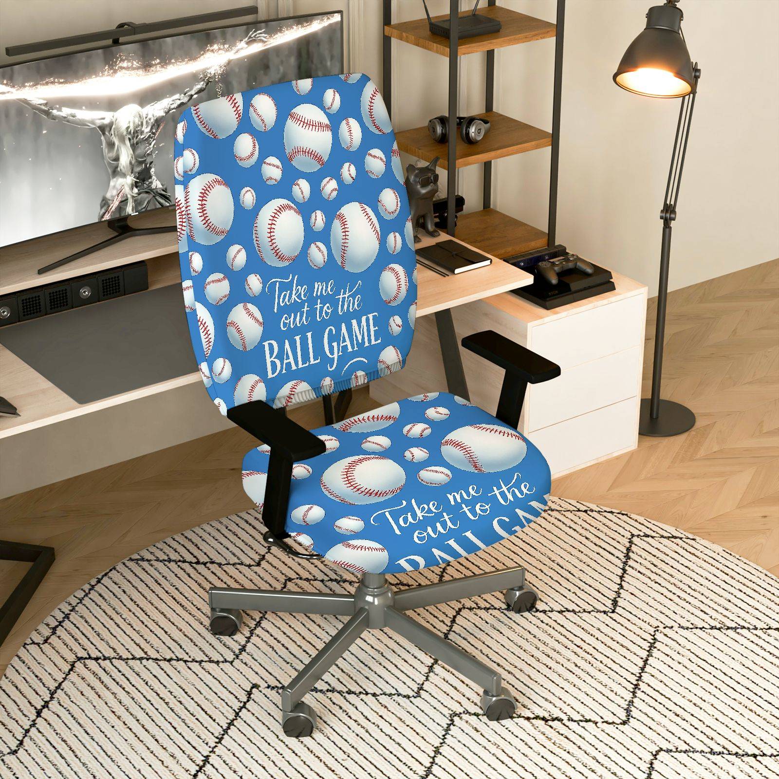 2-Piece Baseball Game Sports Theme Blue Pattern  Computer Chair Cover Set, Seat and Backrest