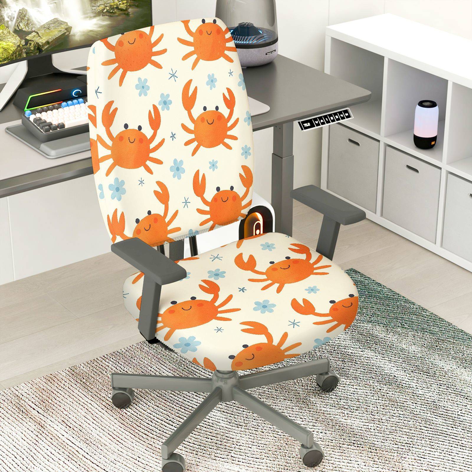 2-Piece Cute Crab Pattern  Computer Chair Cover Set, Seat and Backrest