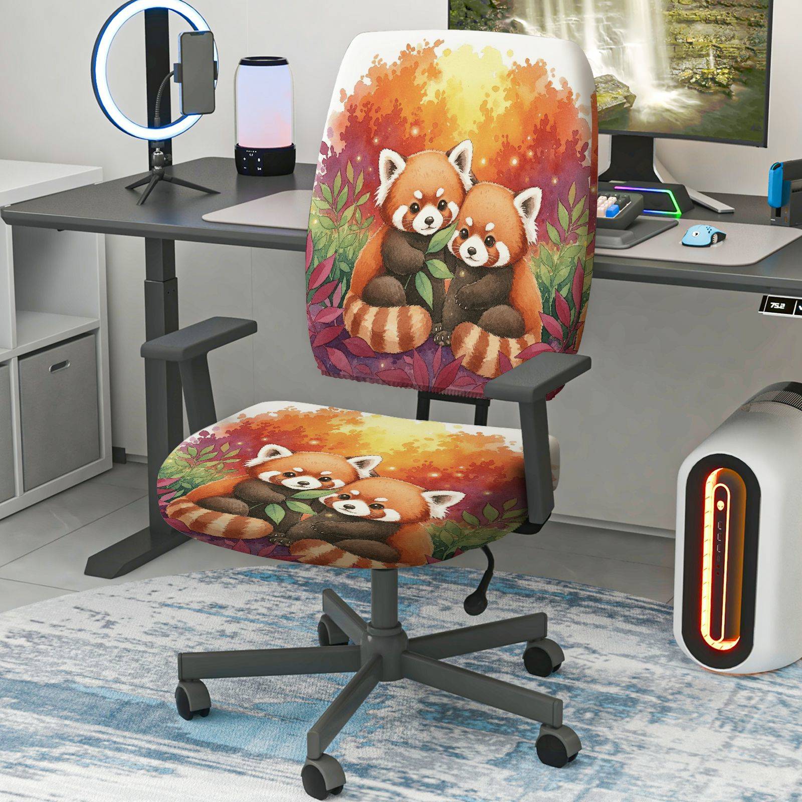 2-Piece Red Panda Autumn Forest Cute Animal Nature Art  Computer Chair Cover Set, Seat and Backrest