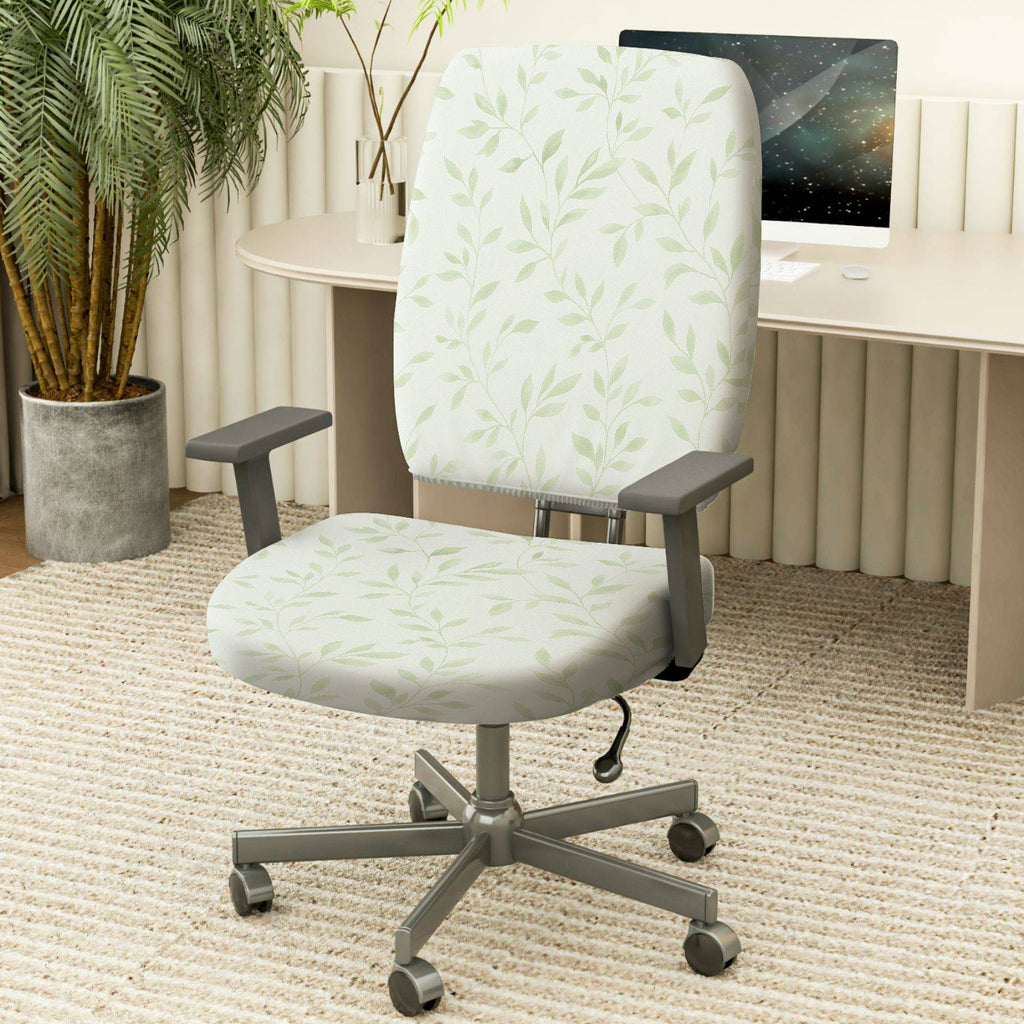 2-Piece Leaf Print Green  Computer Chair Cover Set, Seat and Backrest