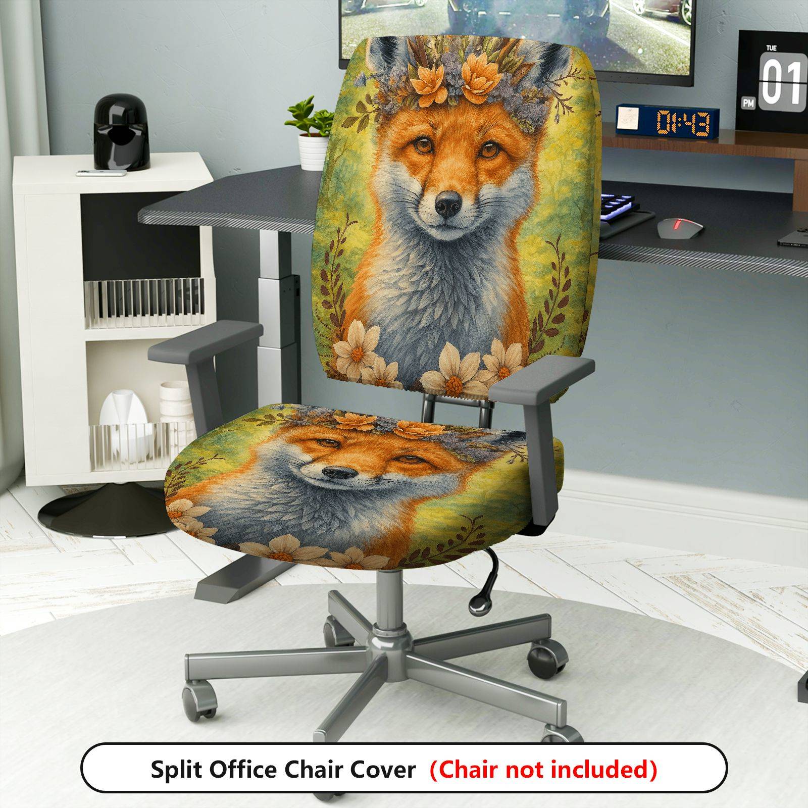 2-Piece Animal Floral Fox Nature Art  Computer Chair Cover Set, Seat and Backrest